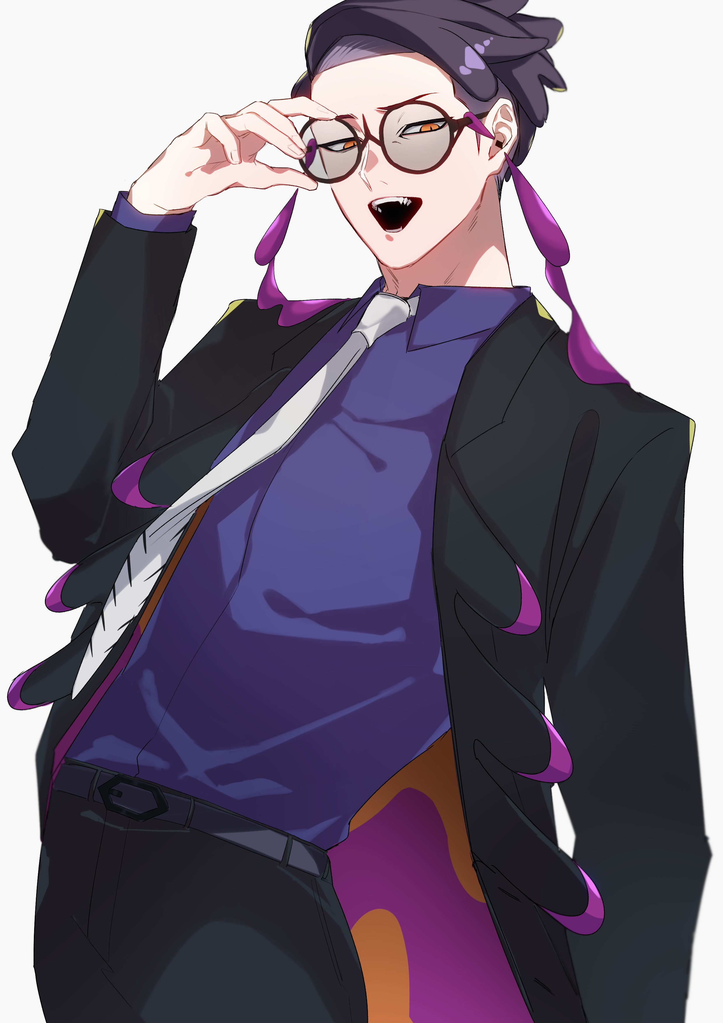 iwnm0313, corbeau (pokemon), nintendo, pokemon, pokemon legends: z-a, absurdres, commentary request, highres, 1boy, :d, adjusting eyewear, belt, black-framed eyewear, black coat, black hair, black pants, coat, collared shirt, hand up, male focus, necktie, open clothes, open coat, open mouth, pants, round eyewear, shirt, short hair, simple background, smile, solo, sunglasses, teeth, upper teeth only, yellow eyes