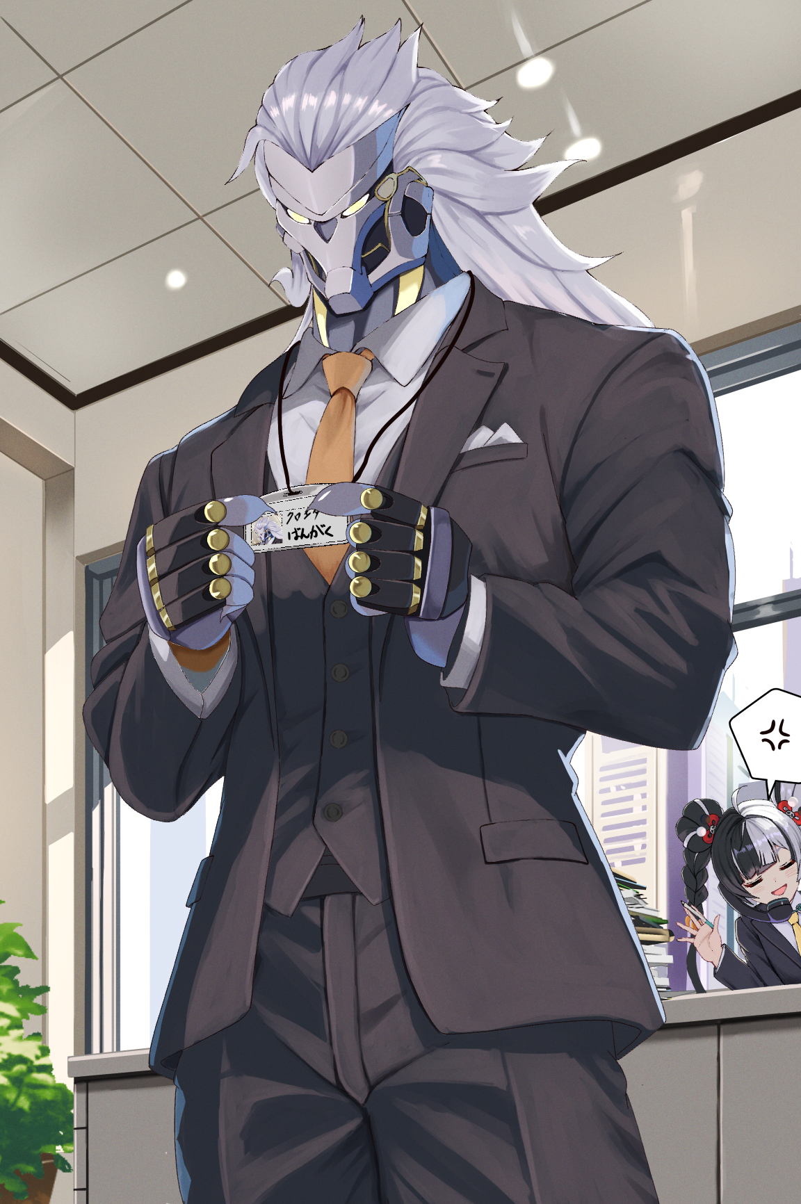 file112056, banyue (zenless zone zero), dialyn (zenless zone zero), zenless zone zero, commentary request, highres, 1boy, 1girl, alternate costume, anger vein, black hair, black suit, blush, closed eyes, clothed robot, desk, formal clothes, grey hair, holding, holding id card, holding pen, humanoid robot, id card, indoors, long hair, multicolored hair, necktie, open mouth, orange necktie, pen, plant, potted plant, robot, robot boy, shirt, split-color hair, spoken anger vein, suit, white hair, white shirt, window, yellow necktie