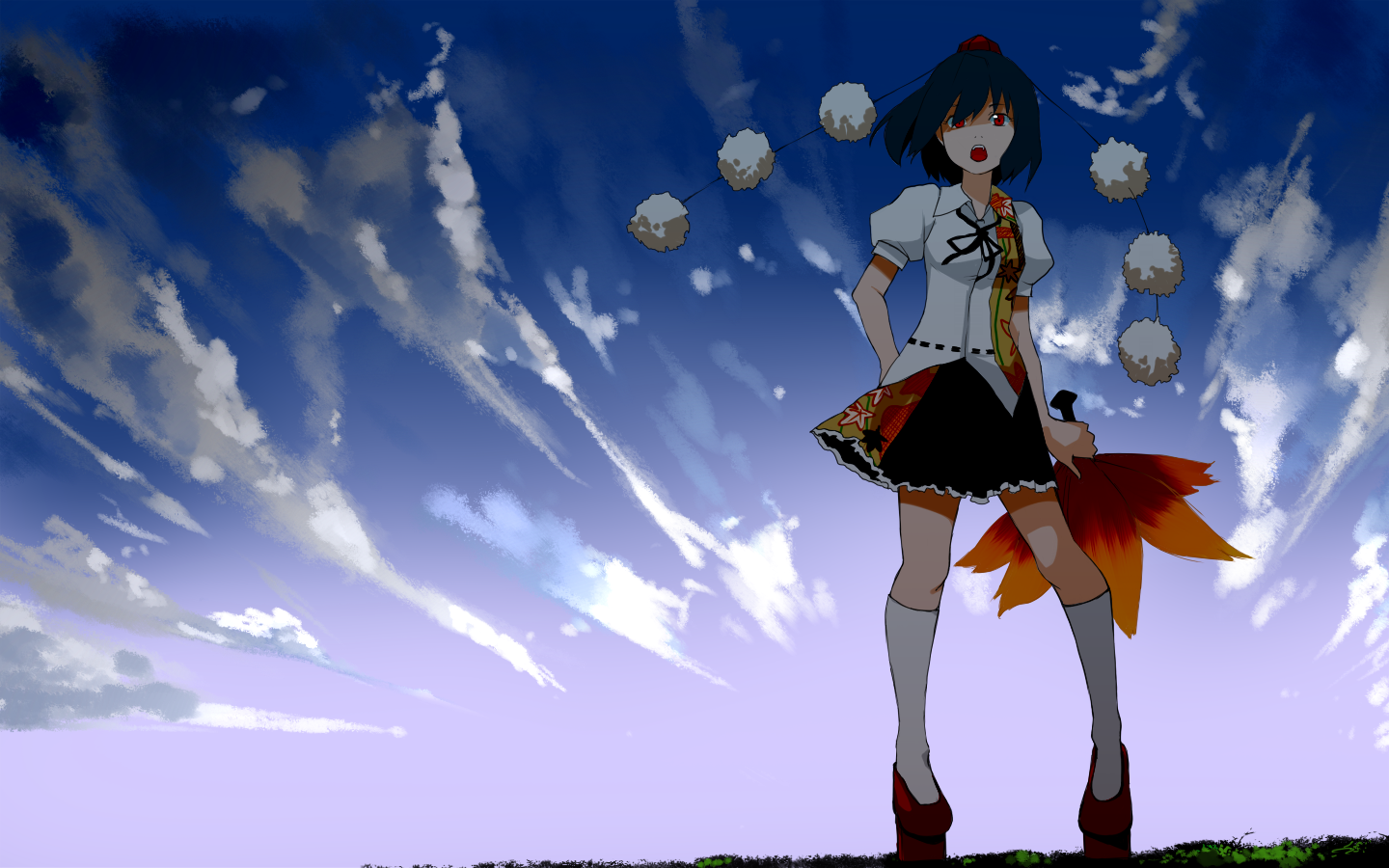yokohachi, shameimaru aya, touhou, 1girl, black hair, cloud, female focus, geta, hand fan, hat, kneehighs, looking at viewer, open mouth, pigeon-toed, red eyes, short hair, skirt, socks, solo, standing, sunrise, tengu-geta, tokin hat, white socks