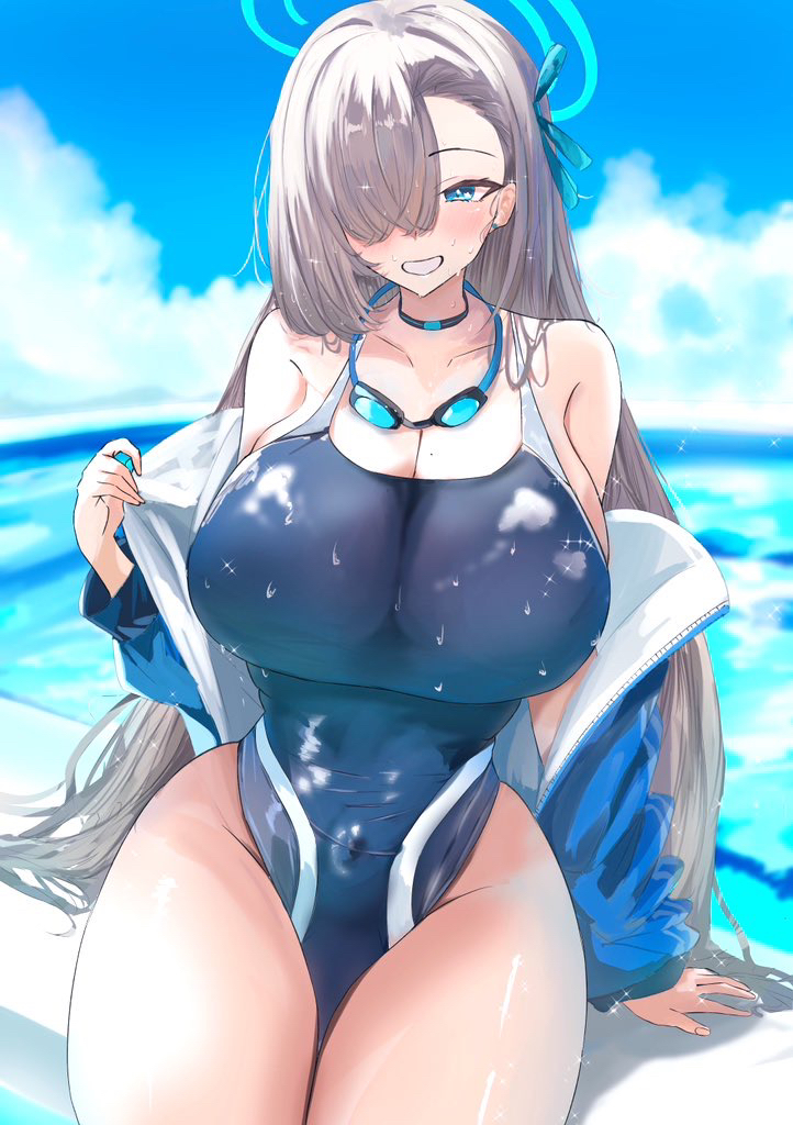 igatarou, asuna (blue archive), blue archive, commentary request, 1girl, bare shoulders, blonde hair, blue eyes, blue halo, blue jacket, blue one-piece swimsuit, blush, breasts, choker, cleavage, covered navel, goggles, goggles around neck, grin, groin, hair over one eye, hair ribbon, halo, jacket, large breasts, long hair, looking at viewer, mole, mole on breast, one-piece swimsuit, open clothes, open jacket, ribbon, sitting, smile, solo, swimsuit, thighs, very long hair, wet