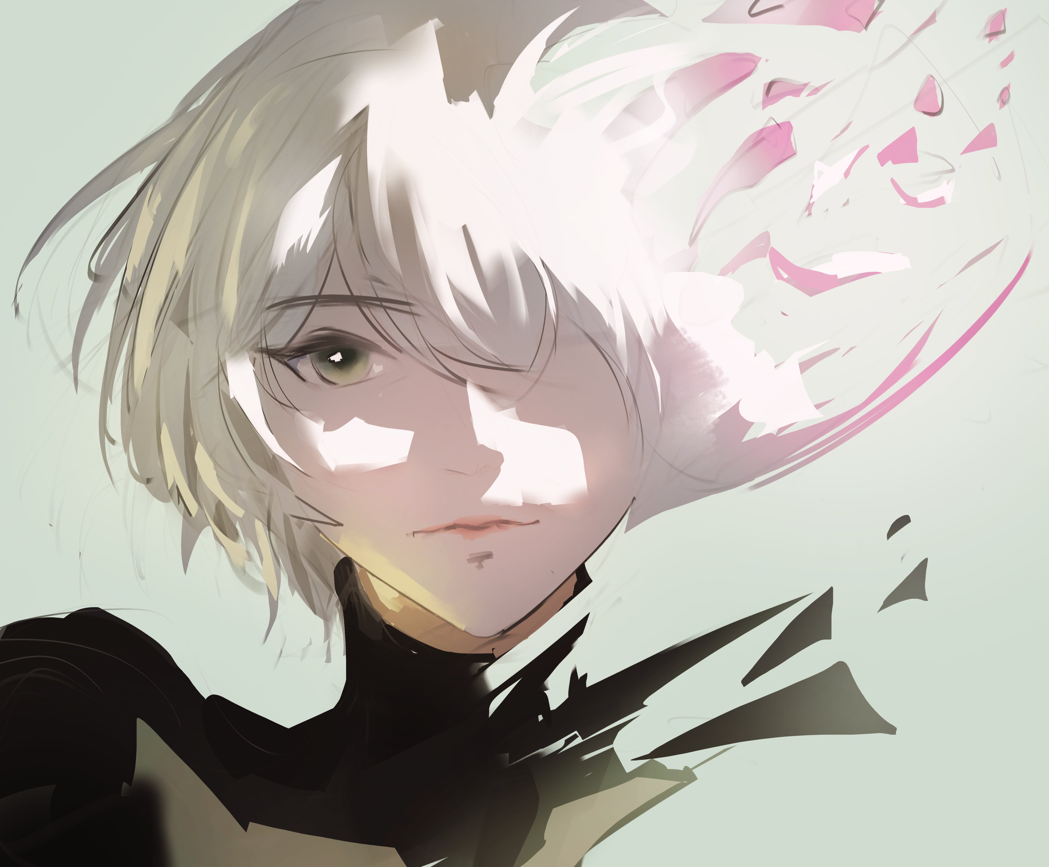 2b (nier:automata), nier:automata, nier (series), absurdres, commentary, english commentary, highres, 1girl, closed mouth, dissolving, gradient background, green background, green eyes, grey hair, hozo203, looking at viewer, portrait, short hair, solo