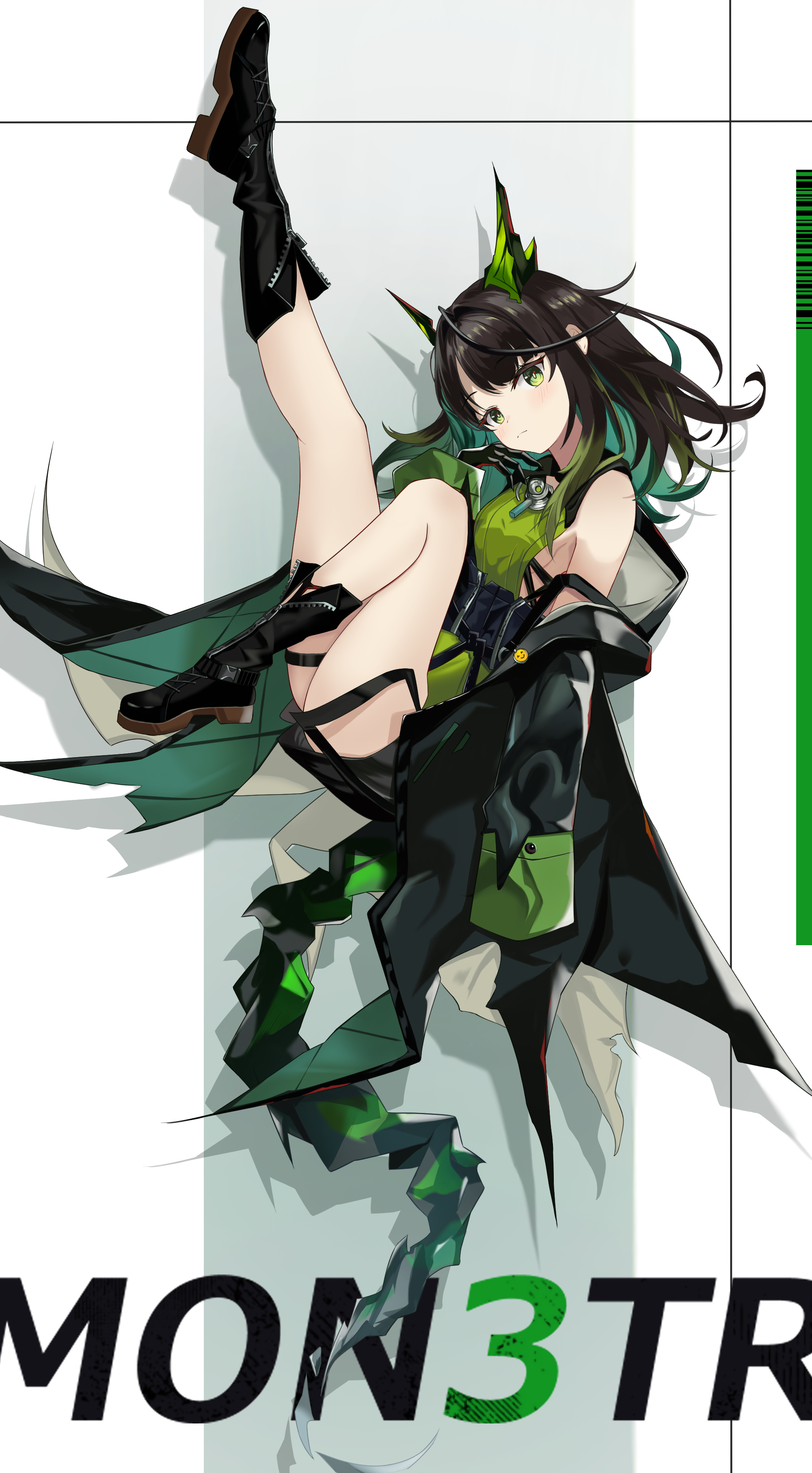 mon3tr (arknights), arknights, absurdres, commentary, highres, 1girl, bare shoulders, black boots, black hair, boots, green background, green eyes, green hair, long hair, multicolored hair, solo, thighs, two-tone background, two-tone hair, white background, yoru tukibosi