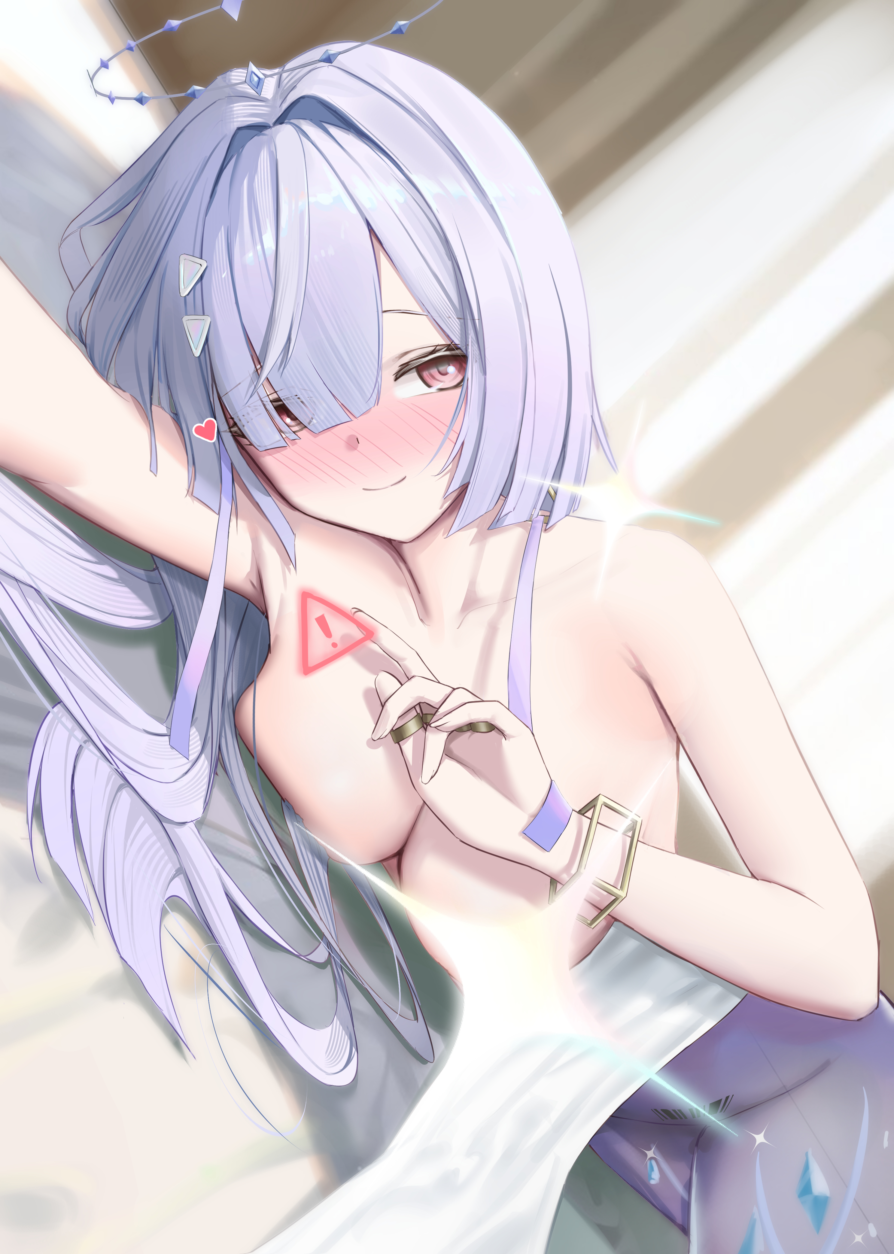 wasami, mornye (wuthering waves), wuthering waves, absurdres, commentary, highres, 1girl, barcode, blush, breasts, closed mouth, collarbone, hair intakes, hair ornament, halo, hand up, light censor, looking at viewer, lying, medium breasts, nude, on side, red eyes, smile, solo