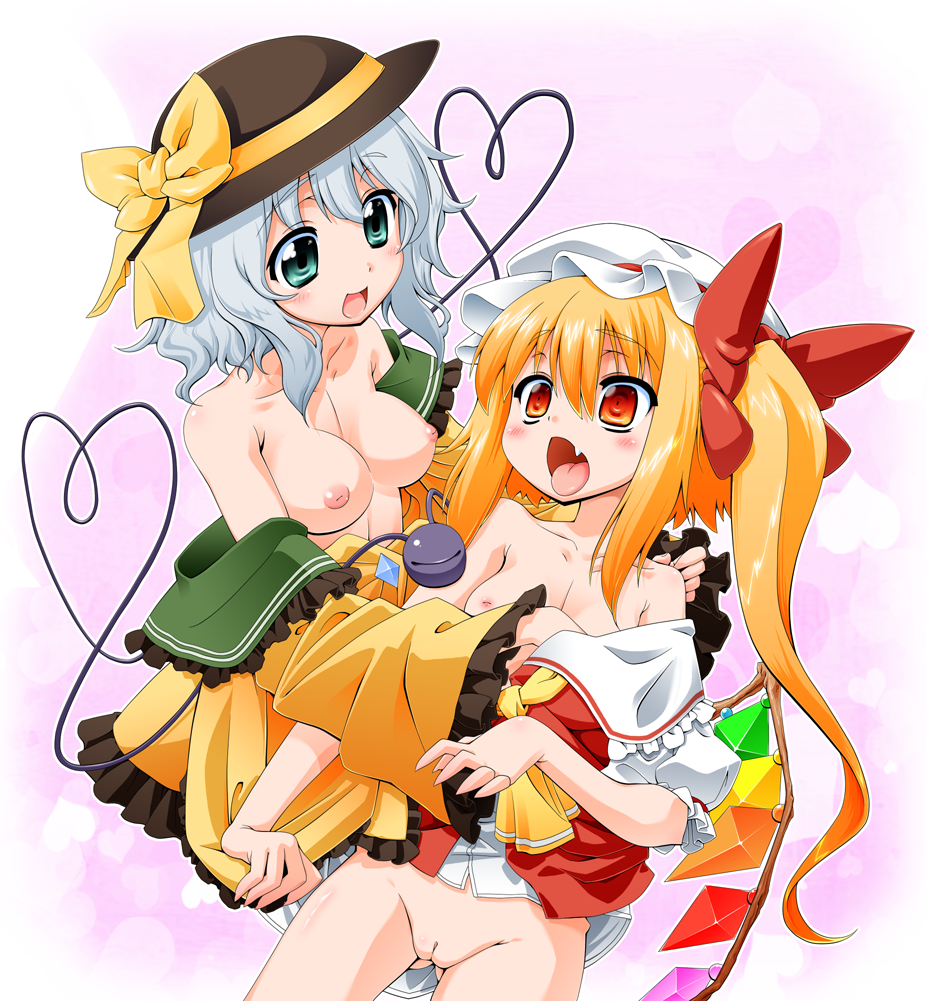 5293150, four horizontal bars, flandre scarlet, komeiji koishi, touhou, silver hair, bad id, bad pixiv id, 2girls, blonde hair, blush, breasts, fang, female focus, flat chest, hat, long hair, medium breasts, multiple girls, nipples, no panties, open mouth, ponytail, pussy, red eyes, short hair, side ponytail, small breasts, uncensored, wings, yuri