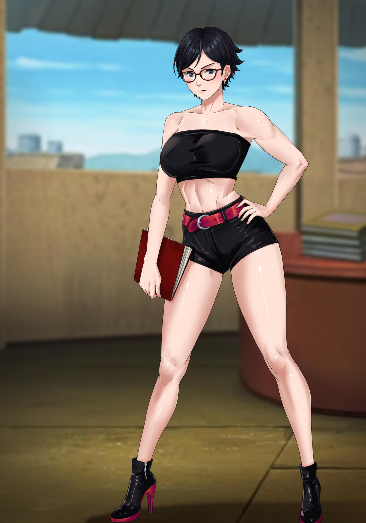 amenoosa, uchiha sarada, boruto: naruto next generations, naruto (series), highres, 1girl, black eyes, black hair, blush, breasts, earrings, glasses, high heels, jewelry, short hair, solo