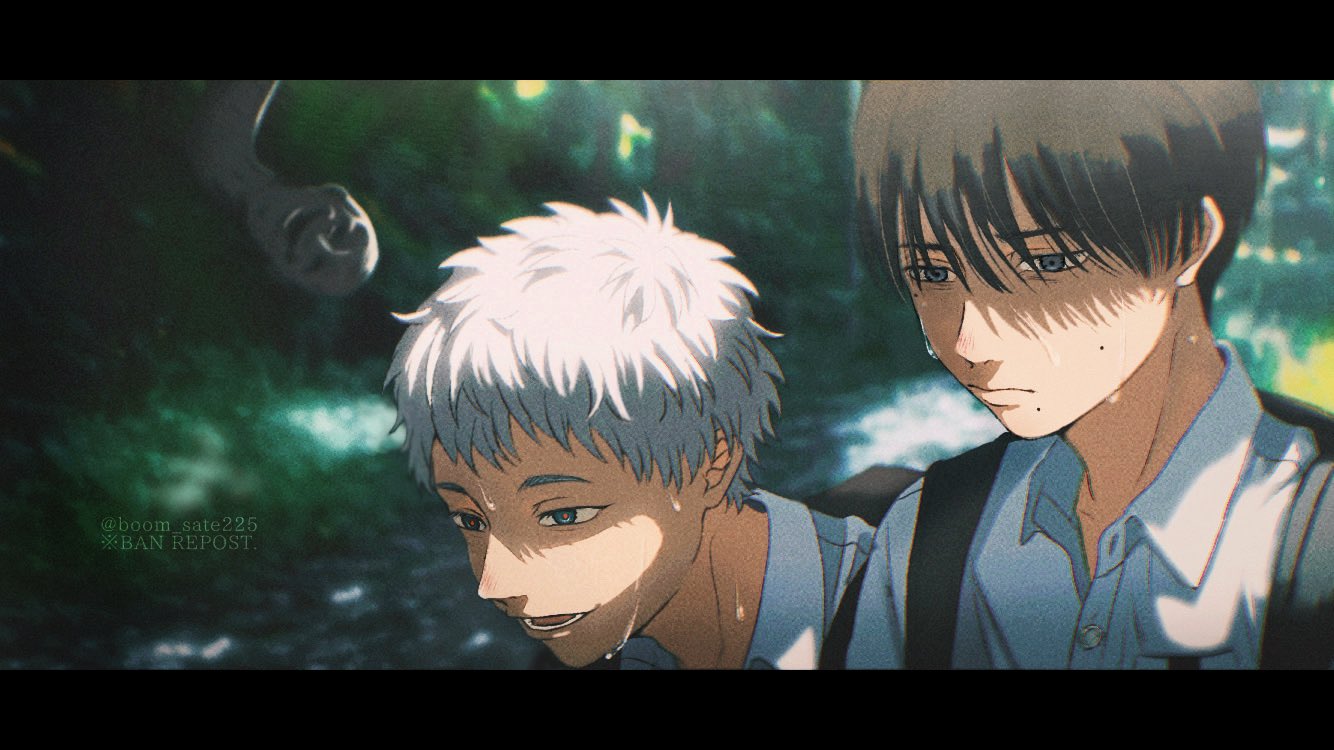 arashi (boom sate225), indou hikaru, tsujinaka yoshiki, hikaru ga shinda natsu, hashtag-only commentary, 2boys, backpack, bag, black hair, collared shirt, letterboxed, male focus, mole, mole on cheek, mole under eye, mole under mouth, multiple boys, multiple moles, red pupils, shirt, short hair, sweat, twitter username, white hair, white shirt