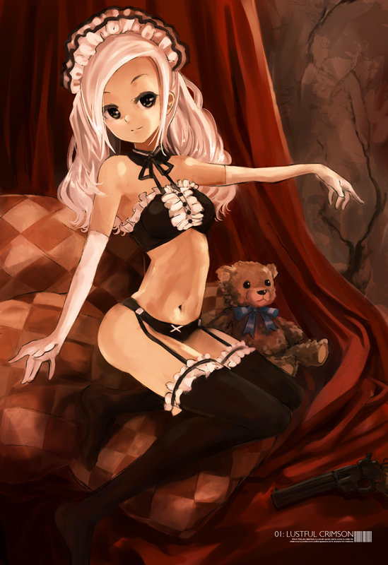 ochakai shin'ya, original, bad id, bad pixiv id, 1girl, black thighhighs, brown eyes, choker, elbow gloves, female focus, garter belt, gloves, gothic lolita, legs, lolita fashion, long hair, maid headdress, navel, solo, stuffed animal, stuffed toy, teddy bear, thighhighs, white hair