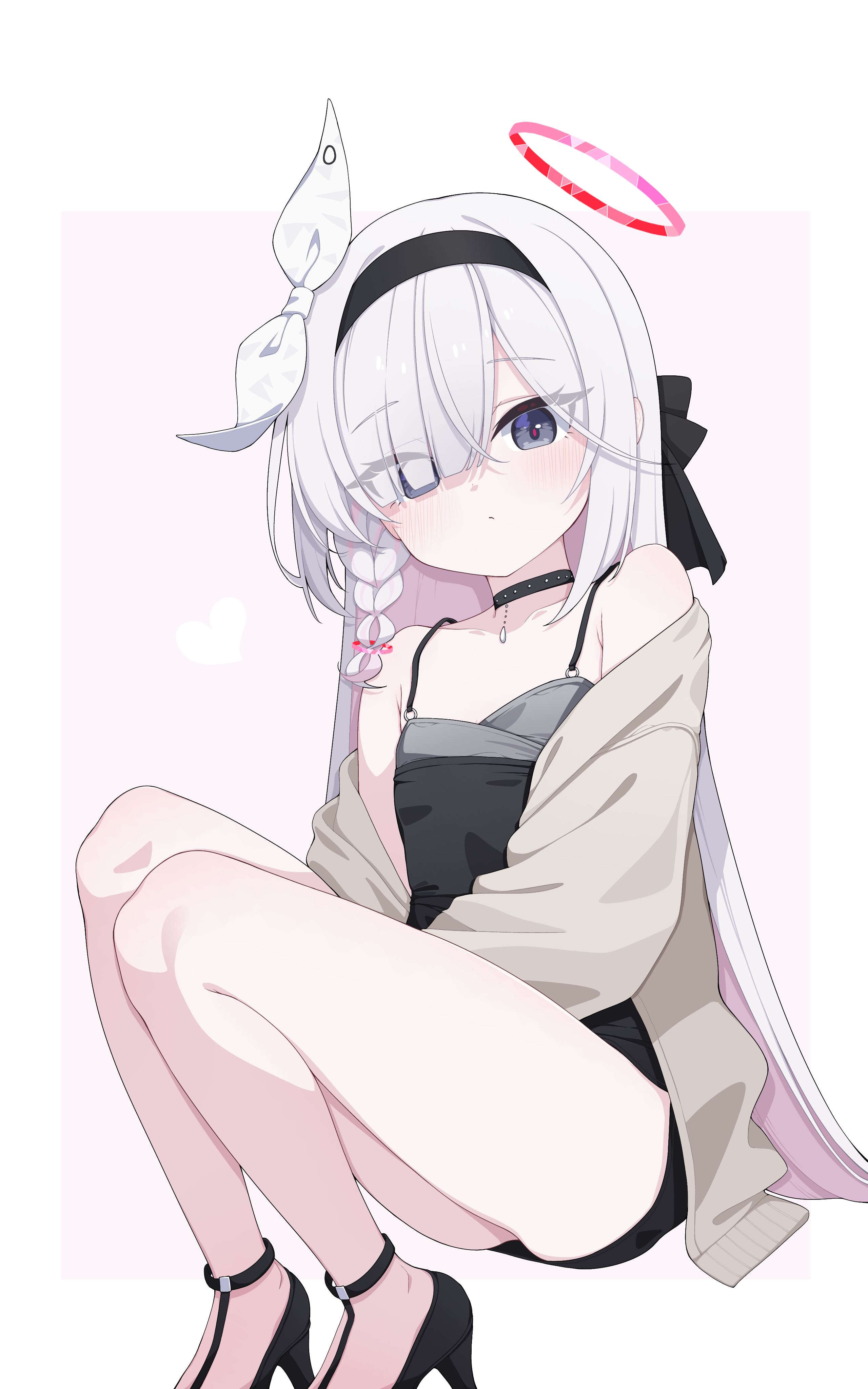cinamon (cinamori), plana (blue archive), blue archive, absurdres, commentary, highres, 1girl, alternate costume, bare shoulders, black hairband, bow, braid, choker, colored inner hair, dress, gluteal fold, grey hair, hair bow, hairband, halo, high heels, long hair, looking at viewer, multicolored hair, red halo, single braid, solo, thighs, white hair