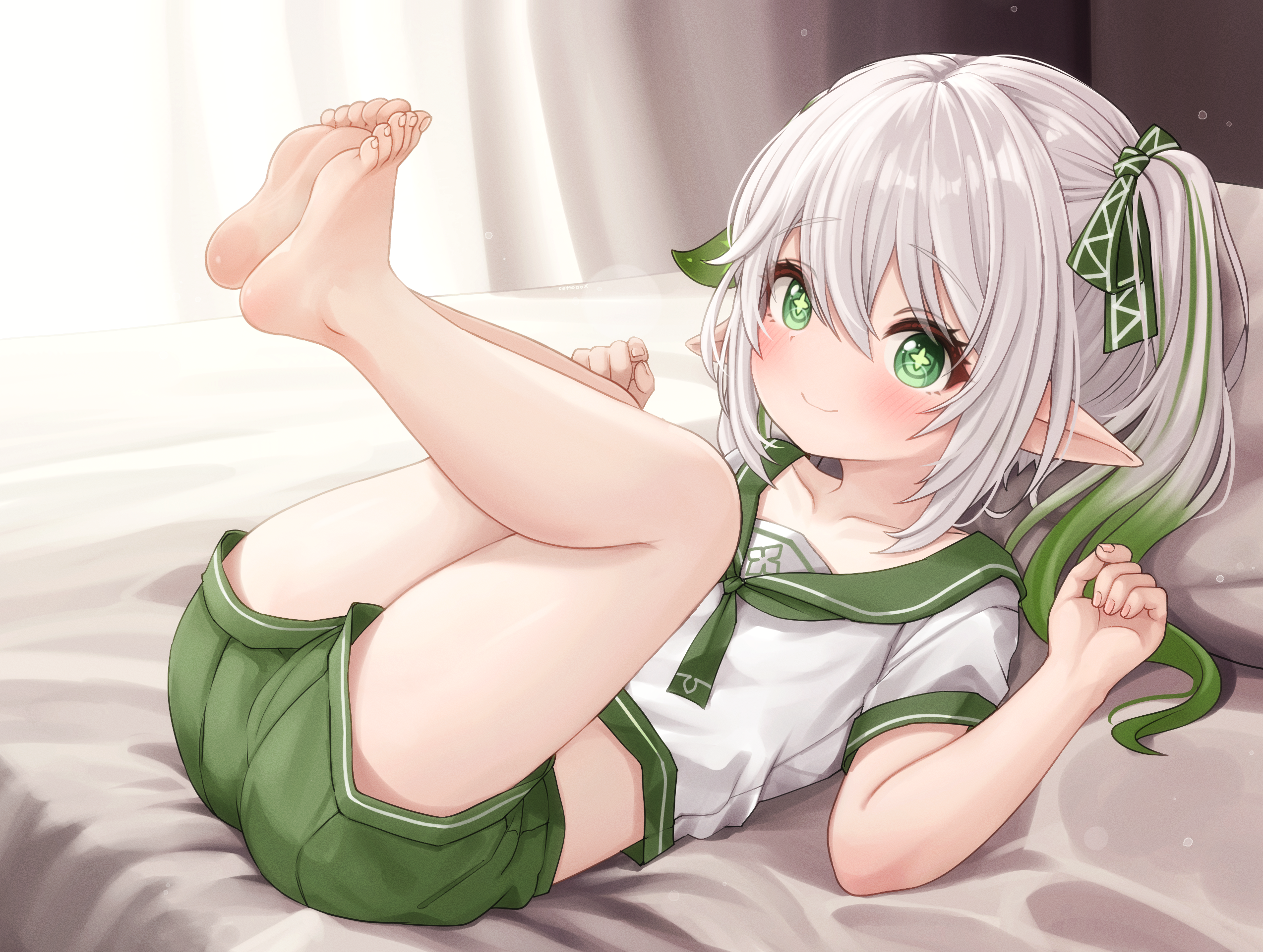 comodox, nahida (genshin impact), genshin impact, commentary, english commentary, highres, large variant set, paid reward available, variant set, 1girl, bare legs, barefoot, blush, closed mouth, collarbone, cross-shaped pupils, feet, gradient hair, green eyes, green hair, green sailor collar, green shorts, grey hair, hands up, indoors, legs up, long hair, looking at viewer, lying, multicolored hair, on back, on bed, pointy ears, sailor collar, sailor shirt, shirt, short shorts, short sleeves, shorts, side ponytail, smile, soles, solo, streaked hair, symbol-shaped pupils, toes, white shirt