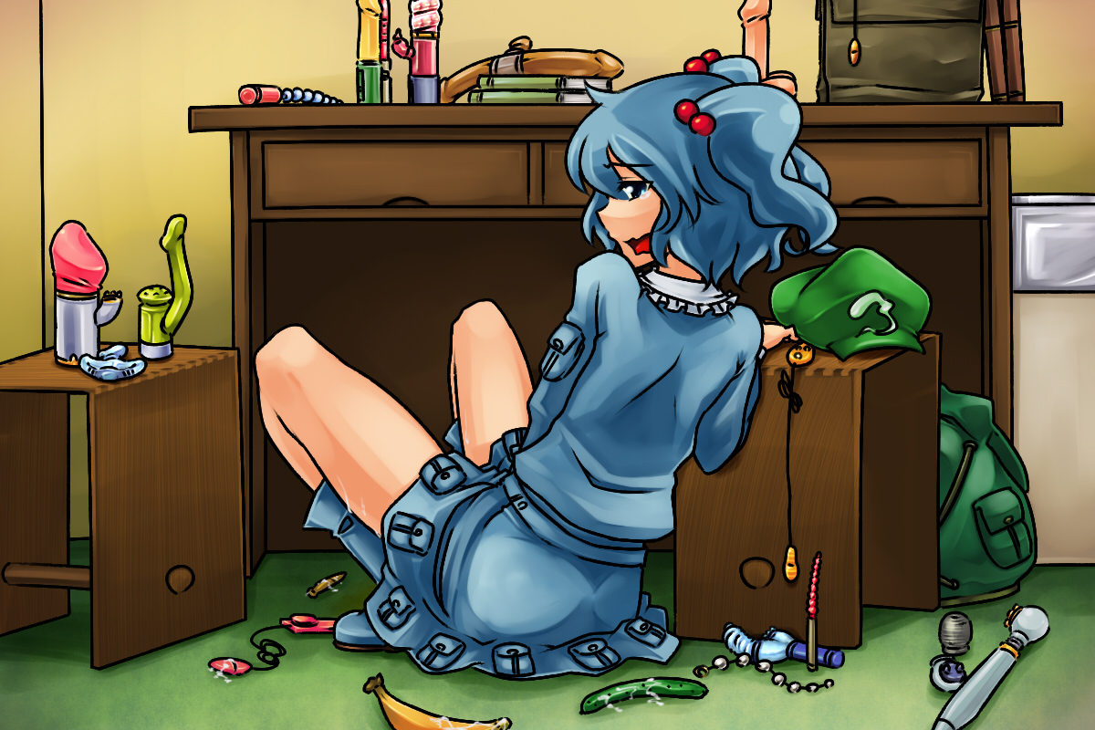 33kudo, bbb (33kudo), kawashiro nitori, touhou, 1girl, ahegao, anal beads, backpack, bag, banana, blue eyes, blue hair, bow, contemporary, cucumber, dildo, egg vibrator, female focus, female masturbation, food, food dildo, food insertion, fruit, hair bobbles, hair bow, hair ornament, hat, masturbation, matching hair/eyes, miniskirt, object insertion, pussy juice, randoseru, room, sex toy, short hair, skirt, solo, too many, too many sex toys, twintails, two side up, vibrator
