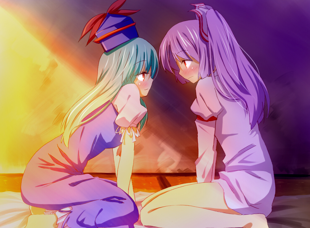 ema20, fujiwara no mokou, kamishirasawa keine, touhou, 2girls, alternate hairstyle, blush, bottomless, bow, eye contact, female focus, hair bow, hair ribbon, hat, looking at another, multiple girls, red eyes, ribbon, yuri