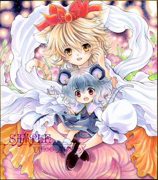 sakurai tamako, tama tamako sakurai, nazrin, toramaru shou, touhou, undefined fantastic object, bad id, bad pixiv id, 2girls, animal ears, blonde hair, brown eyes, chibi, female focus, grey hair, kemonomimi mode, mini person, minigirl, mouse (animal), mouse ears, mouse tail, multiple girls, red eyes, sample watermark, shawl, shikishi, short hair, tail, tiger ears, tiger tail, watermark