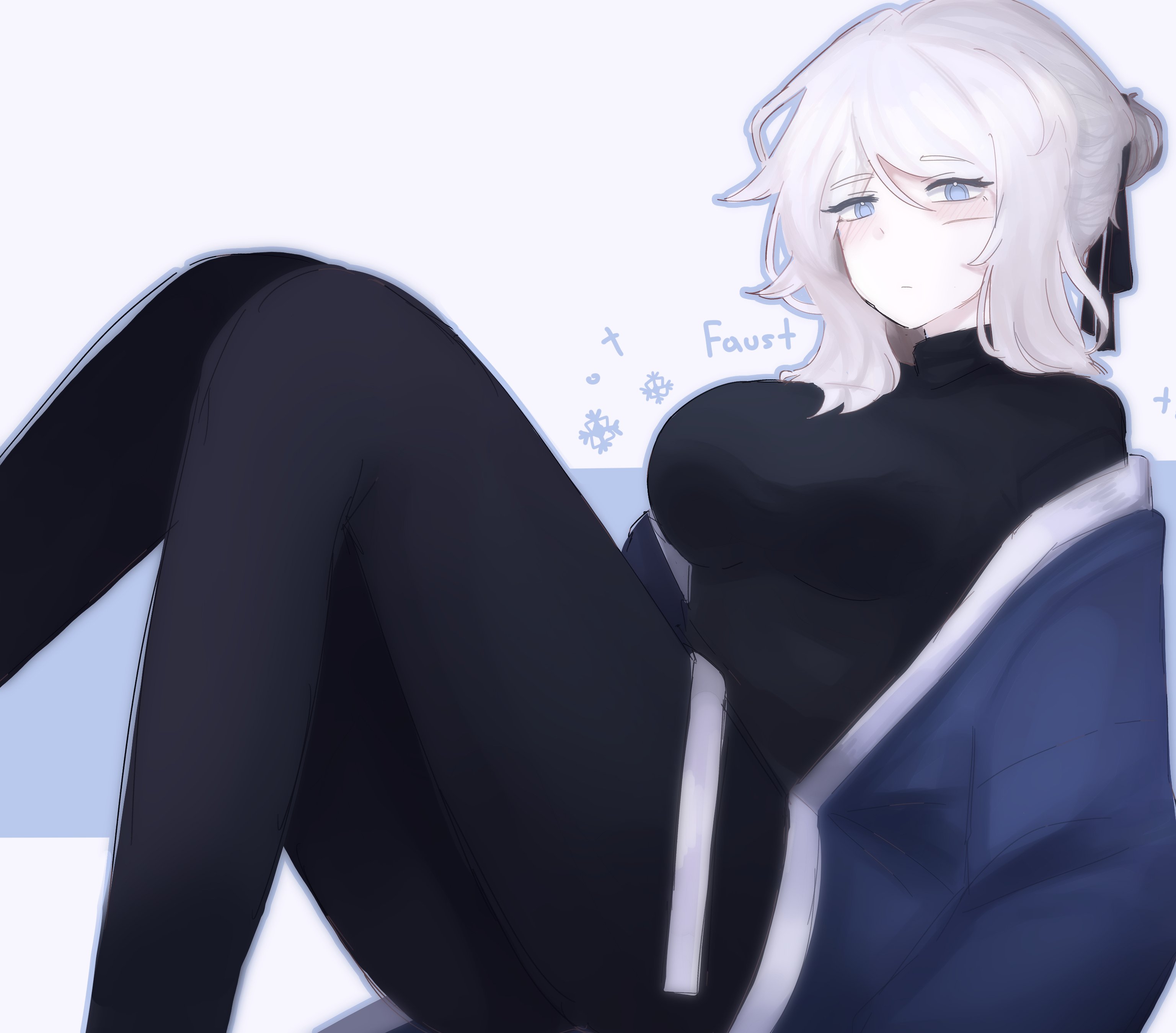 faust (project moon), limbus company, project moon, absurdres, commentary, english commentary, highres, 1girl, :|, alternate costume, black pants, black pantyhose, black ribbon, black shirt, blade lineage (identity) (project moon), blue eyes, blush stickers, breasts, character name, closed mouth, fufiich, hair bun, hair ornament, hair ribbon, japanese clothes, kimono, looking at viewer, medium breasts, medium hair, open clothes, open kimono, pants, pantyhose, ribbon, scar, scar across eye, scar on face, shirt, simple background, sitting, turtleneck, turtleneck shirt, undershirt, white hair