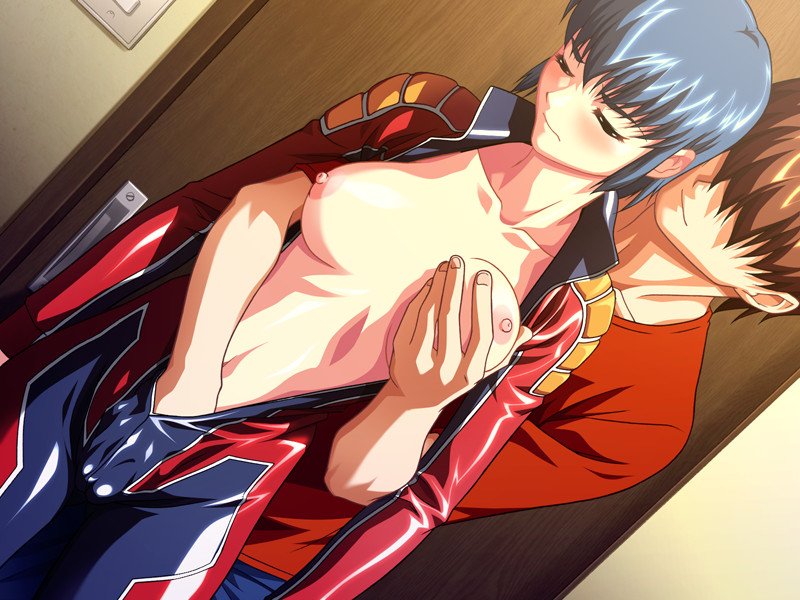 sugihara shizuno, reversible, biker clothes, bikesuit, blue hair, bodysuit, breasts, fingering, grabbing another's breast, groping