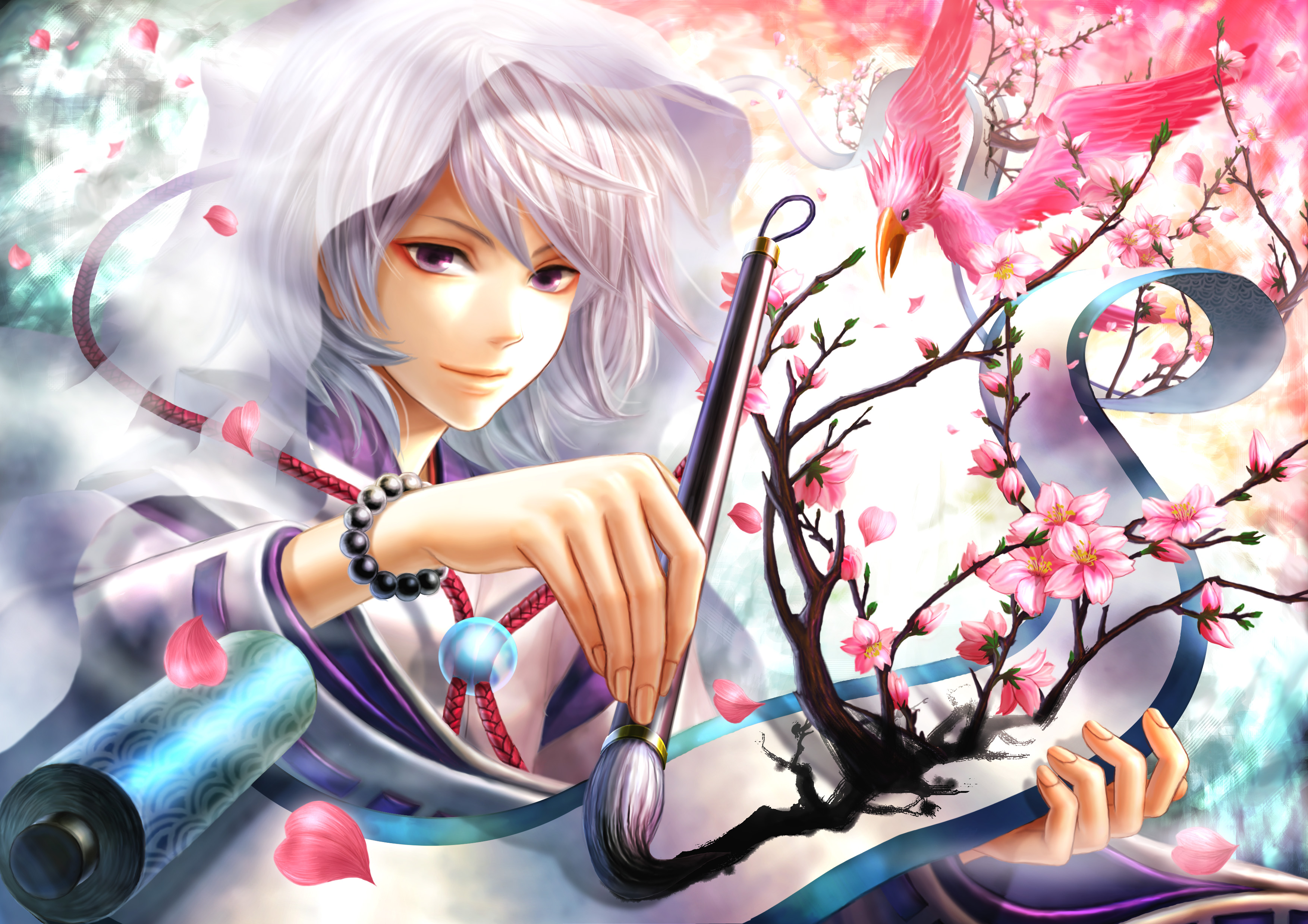 haru (toyst), absurdres, bad id, bad pixiv id, highres, 1boy, bird, bracelet, calligraphy brush, cherry blossoms, flower, jewelry, male focus, paintbrush, petals, purple eyes, scroll, seigaiha, short hair, solo, white hair