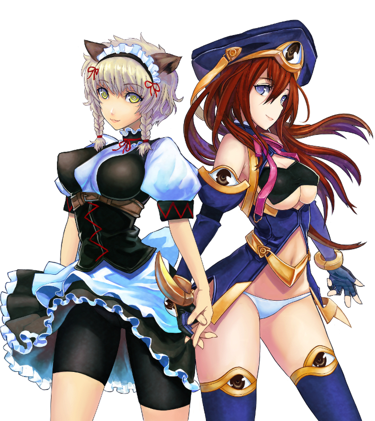 chikokuma, amane suzuha, makise kurisu, seira orgel, seira orgel (post-awakening), 5pb., blood tune, chaos;head, nitroplus, science adventure, steins;gate, silver hair, bad id, bad pixiv id, 2girls, animal ears, bike shorts, blue eyes, braid, company connection, cosplay, elbow gloves, fingerless gloves, gloves, hat, holding hands, multiple girls, panties, red hair, ringed eyes, seira orgel (cosplay), short hair, skirt, thighhighs, twin braids, underwear, yellow eyes