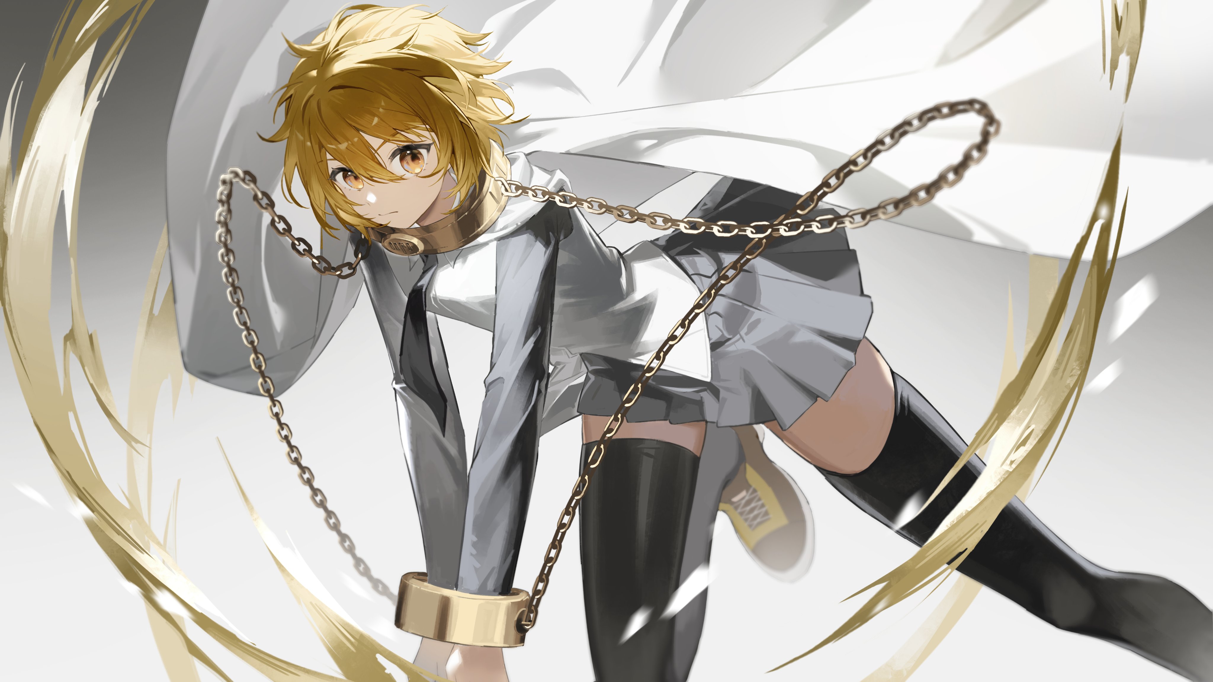 xiaoniaoyou qing, don quixote (project moon), limbus company, project moon, absurdres, hashtag-only commentary, highres, 1girl, black thighhighs, blonde hair, hair between eyes, looking at viewer, medium hair, official alternate costume, skirt, solo, thighhighs, thighs, yellow eyes