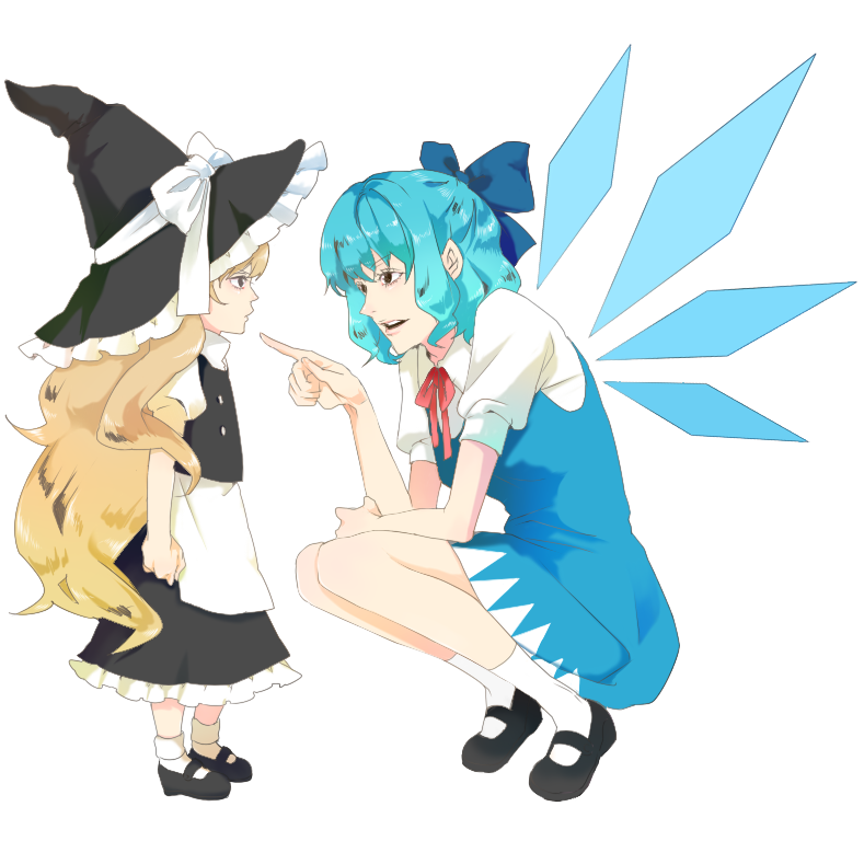 morino, cirno, kirisame marisa, embodiment of scarlet devil, touhou, bad id, bad pixiv id, 2girls, aged down, blonde hair, blue eyes, blue hair, bow, hair bow, hat, long hair, multiple girls, role reversal, short hair, wings, witch, witch hat