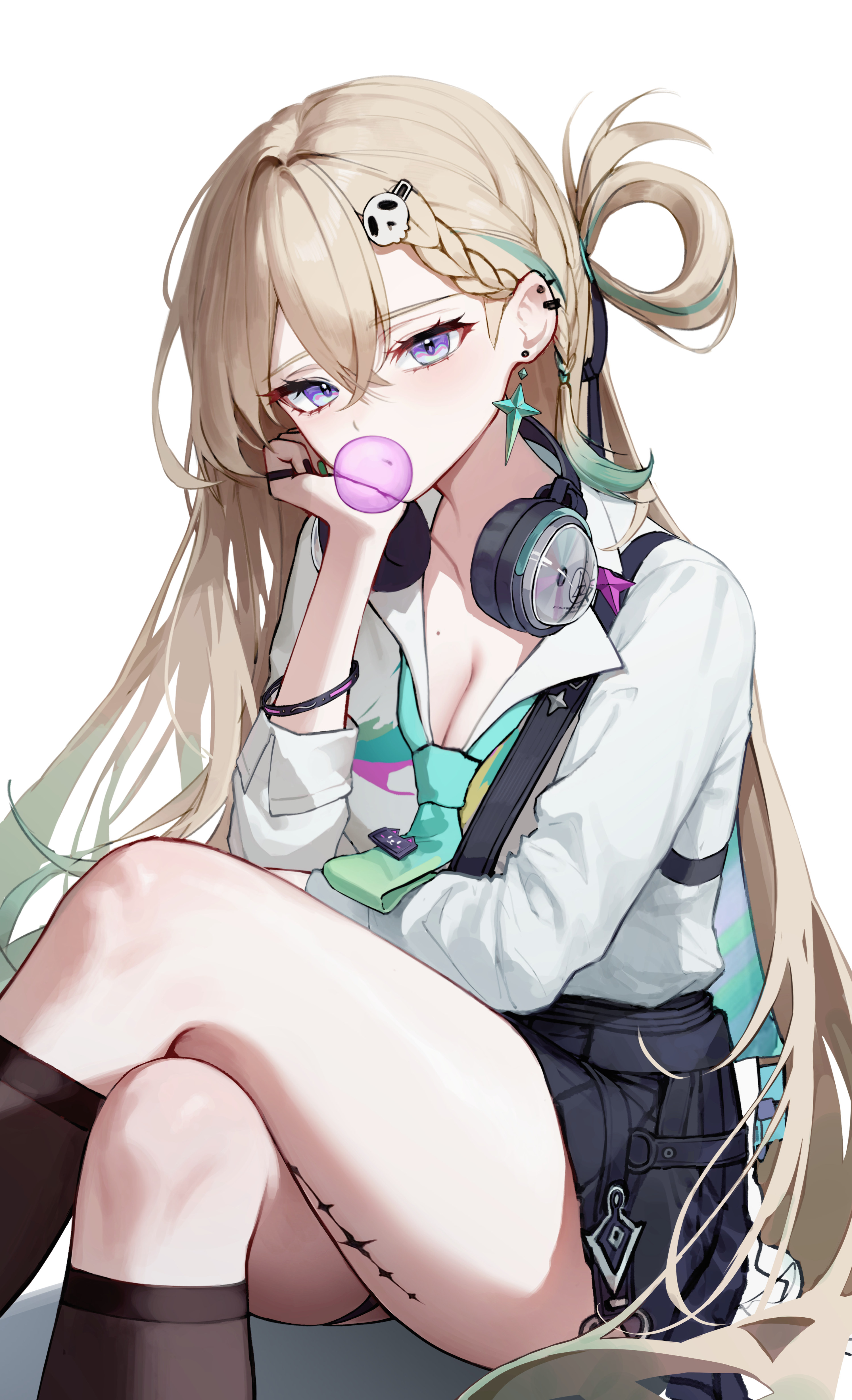 bagya, lynae (wuthering waves), wuthering waves, absurdres, commentary, highres, 1girl, aqua necktie, black skirt, blonde hair, blowing bubble gum, blue hair, braid, braided bangs, breasts, chewing gum, cleavage, crossed legs, earrings, gradient hair, graffiti, hair ornament, headphones, headphones around neck, jewelry, long hair, looking at viewer, medium breasts, multicolored hair, necktie, purple eyes, shirt, shirt tucked in, sitting, skirt, skull hair ornament, star (symbol), star earrings, thigh marking, white shirt
