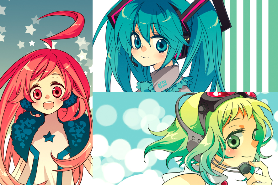 yukinell, gumi, hatsune miku, sf-a2 miki, vocaloid, 3girls, ahoge, aqua eyes, aqua hair, goggles, green eyes, green hair, headphones, headset, long hair, multiple girls, red eyes, red hair, short hair, smile, star (symbol), twintails