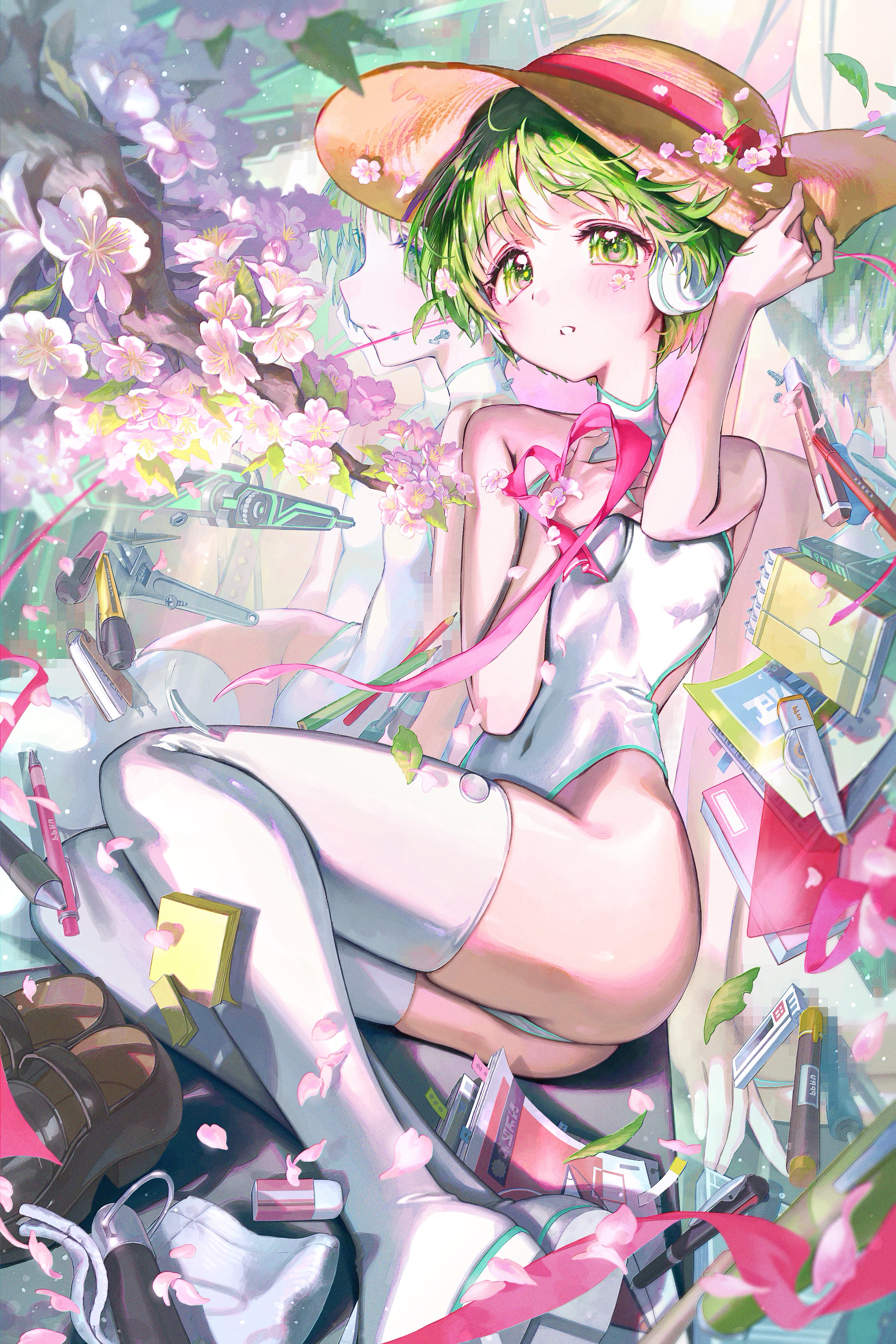 ppru, multi (to heart), to heart, to heart (series), absurdres, hashtag-only commentary, highres, 1girl, android, ass, boots, breasts, eraser, expressionless, flower, green eyes, green hair, hat, leotard, looking at viewer, multiple views, notebook, parted lips, petals, ribbon, robot ears, science fiction, short hair, small breasts, thigh boots, white leotard
