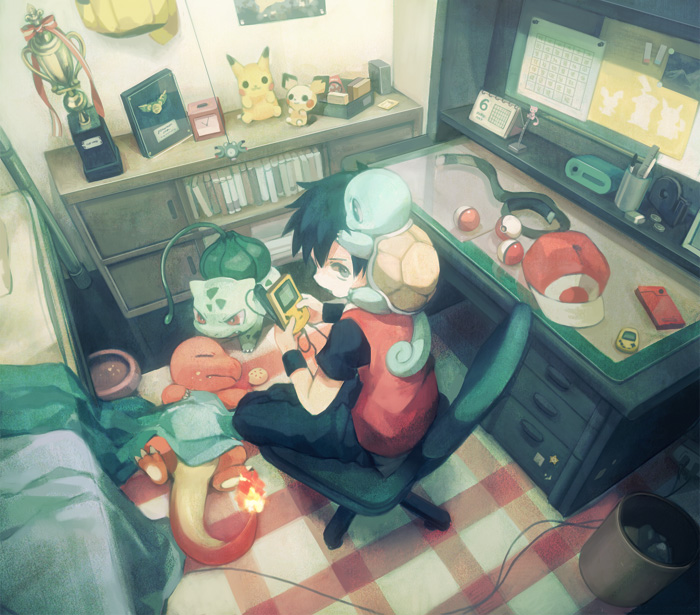 kirobaito, bulbasaur, charmander, magnemite, mew (pokemon), pichu, pikachu, raichu, red (pokemon), squirtle, staryu, nintendo, pokemon, pokemon gsc, pokemon rgby, 1990s (style), 1boy, bag, baseball cap, bed, belt, black hair, blanket, book, calendar (object), chair, closed eyes, denim, desk, fire, flame-tipped tail, from above, game boy, game boy (original), gen 1 pokemon, gen 2 pokemon, handheld game console, hat, jacket, jeans, legendary pokemon, looking up, male focus, mythical pokemon, office chair, pants, poke ball, poke ball (basic), pokemon (creature), product placement, retro artstyle, short hair, short sleeves, sleeping, slice of life, starter pokemon trio, stuffed animal, stuffed toy, swivel chair, tail, trash can, trophy, unworn hat, unworn headwear, virtual pet (toy), wristband