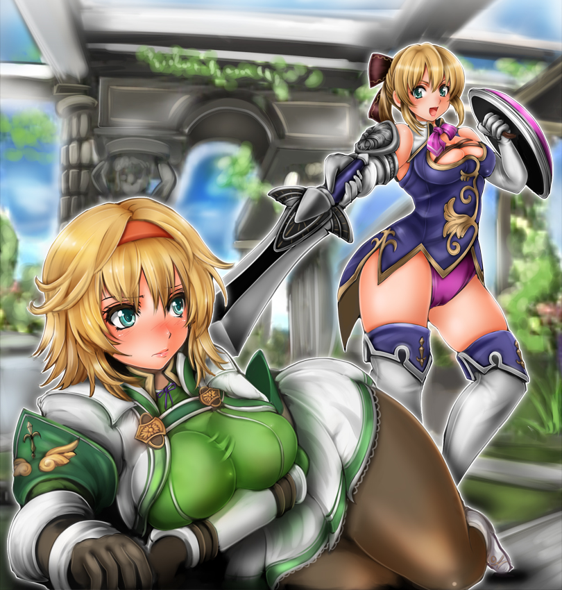 1041 (toshikazu), cassandra alexandra, soul calibur, soulcalibur, soulcalibur iv, 2girls, alternate costume, aqua eyes, blonde hair, blue eyes, blush, boots, bow, breasts, cameltoe, cleavage, covered erect nipples, dual persona, gloves, hair bow, hairband, hip focus, large breasts, multiple girls, necktie, pantyhose, pink necktie, pinned, pinup (style), shield, sword, thigh boots, thighhighs, thighs, weapon, wide hips
