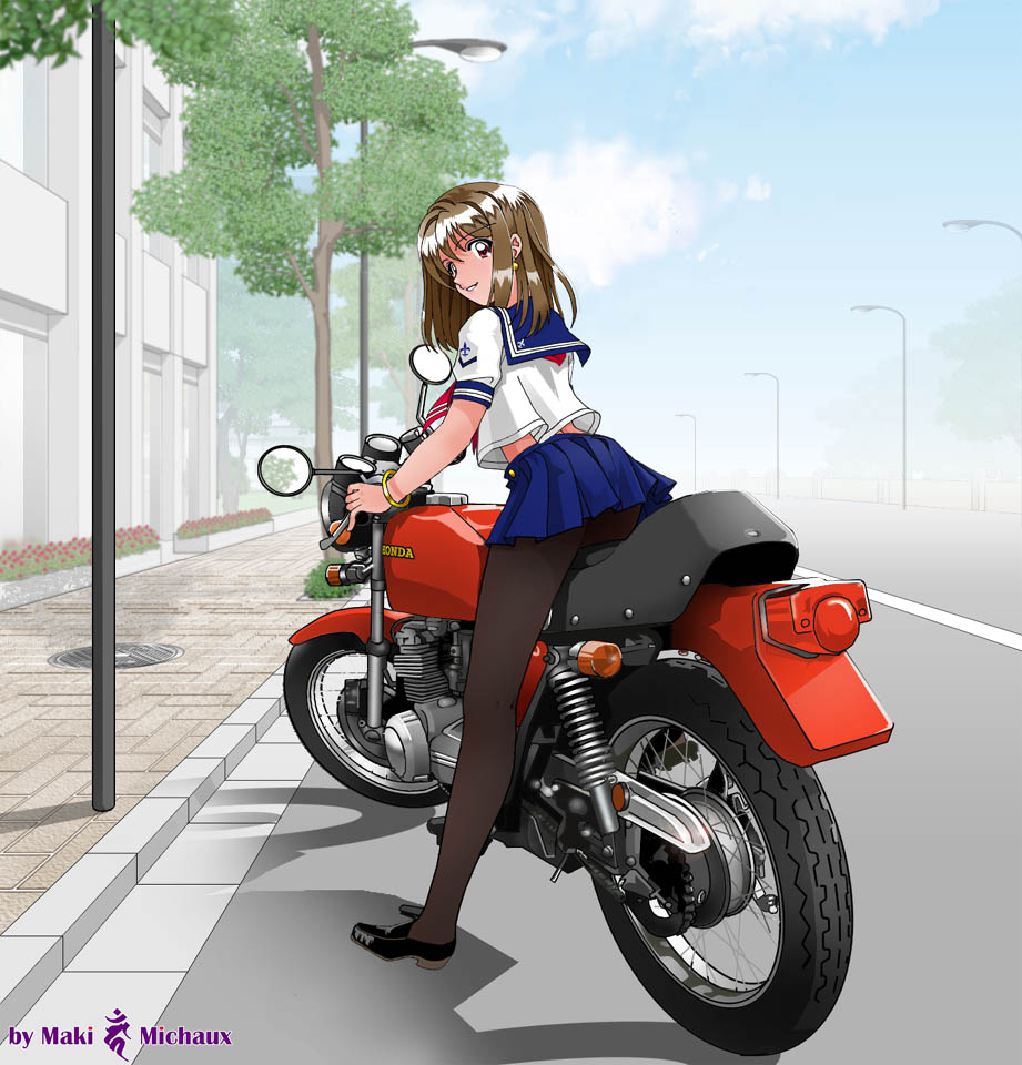 maki michaux, honda, original, vehicle, brown eyes, brown hair, legs, long hair, midriff, motor vehicle, motorcycle, pantyhose, school uniform, solo
