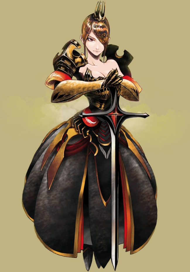 mororife, original, 1girl, armor, bare shoulders, breasts, brown eyes, brown hair, cleavage, crown, dress, fantasy, female focus, hair over one eye, solo, sword, weapon