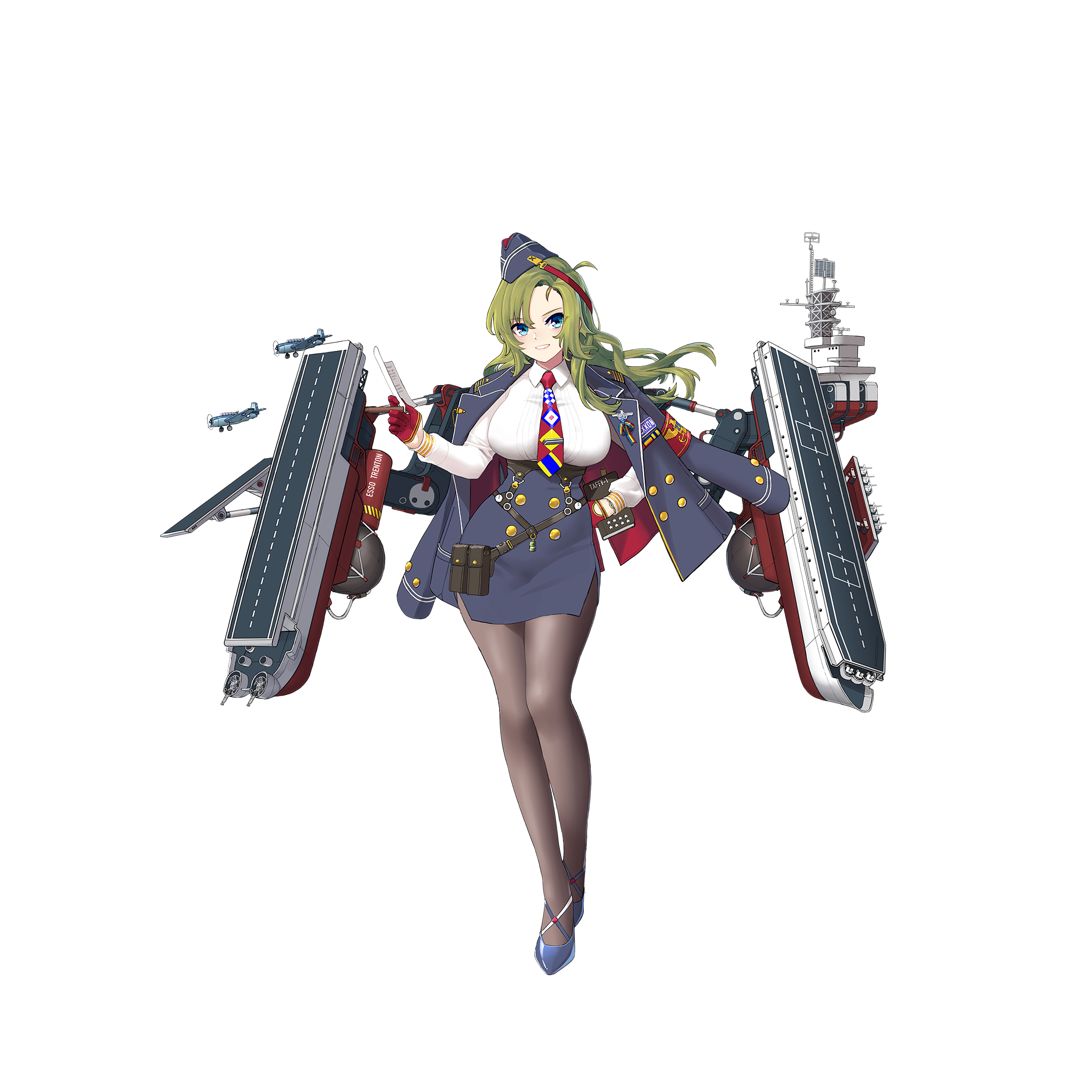 warship girls r, artist request, highres, official art, 1girl, anti-aircraft, anti-aircraft gun, black pantyhose, blue eyes, blue jacket, blue skirt, breasts, collared shirt, flight deck, full body, garrison cap, gloves, green hair, hand on own hip, hat, jacket, jacket on shoulders, large breasts, long hair, long sleeves, looking at viewer, multicolored necktie, necktie, pantyhose, pencil skirt, red gloves, rigging, sangamon (warship girls r), shirt, signal flag, skirt, solo, tbf avenger, transparent background, white shirt