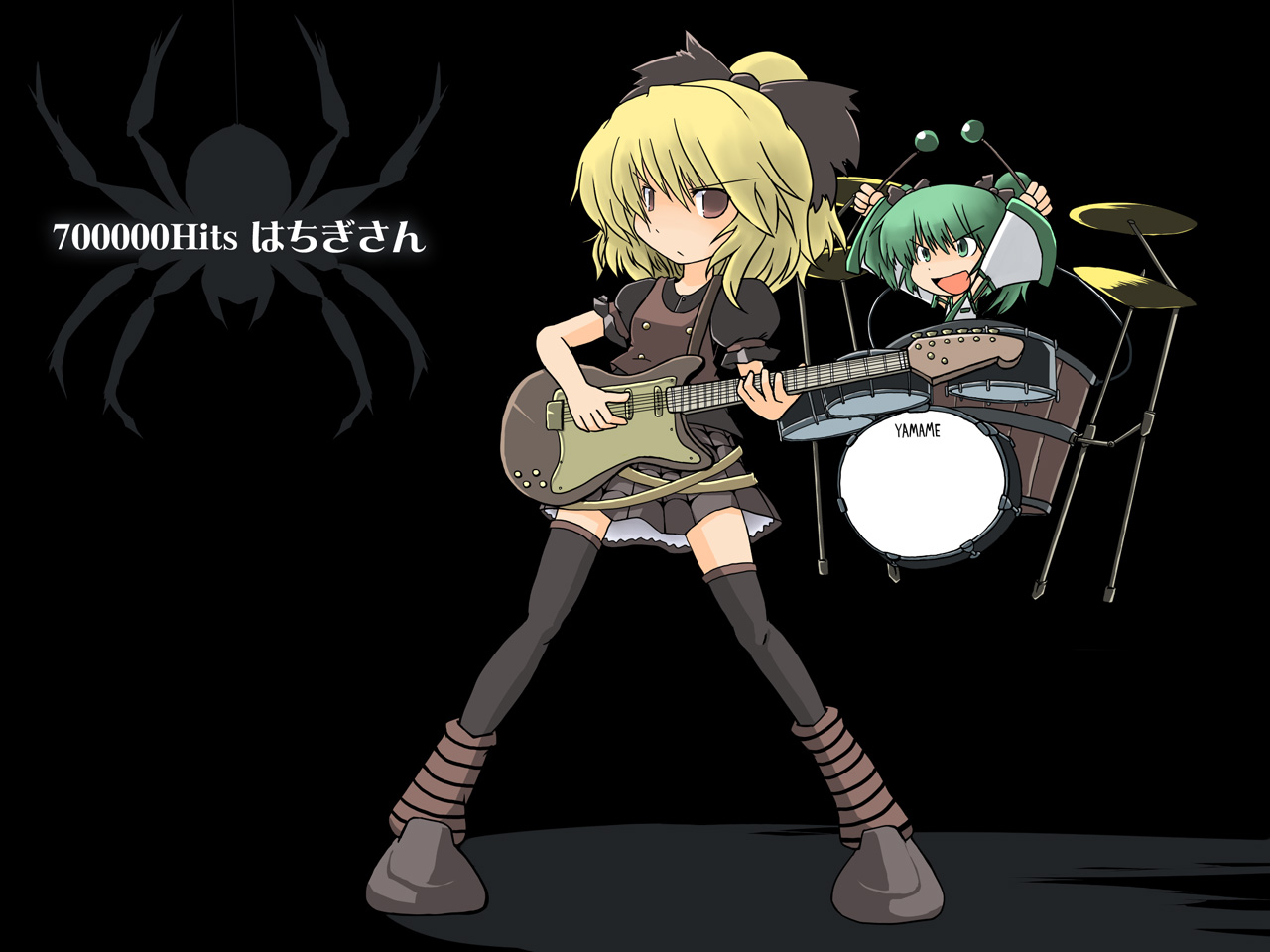 216, kisume, kurodani yamame, touhou, black legwear, 2girls, drum, drum set, female focus, guitar, hair between eyes, instrument, miniskirt, multiple girls, skirt, thighhighs
