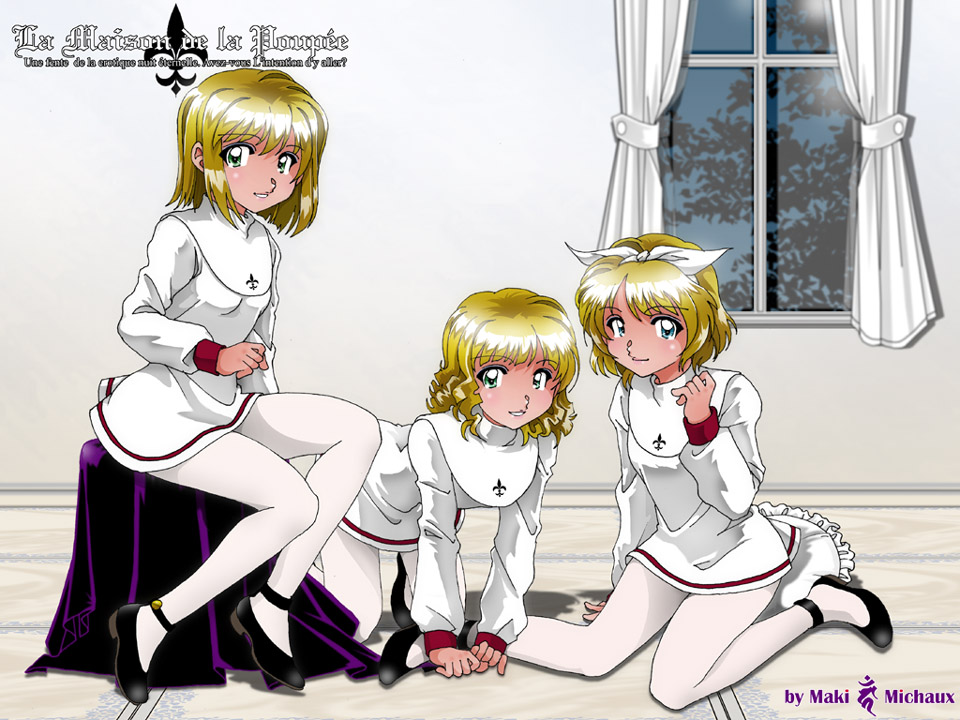 maki michaux, la maison de la poupee, 3girls, legs, multiple girls, pantyhose, school uniform, short hair, white pantyhose, window