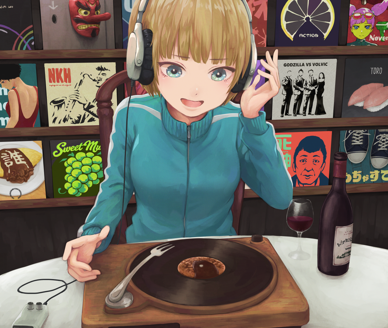 yajirushi (chanoma), original, commentary, english commentary, 1girl, blue eyes, bottle, brown hair, chair, cup, drinking glass, fish (food), food, fork, fruit, grapes, headphones, instrument, jacket, mask, nigirizushi, open mouth, phonograph, saxophone, shoes, short hair, sitting, solo, sushi, table, tengu mask, turntable, vinyl record, wine bottle, wine glass