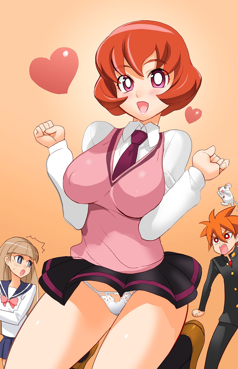 satou shouji, bashin hayami, bashin toppa, meganeko (battle spirits), otonashi fumiko, speed star, battle spirits, battle spirits: shounen toppa bashin, highres, 00s, 1boy, 2girls, blue eyes, blush, bow, breasts, brown hair, covered erect nipples, heart, large breasts, lipstick, long hair, makeup, mouse (animal), multiple girls, necktie, open mouth, orange hair, panties, pantyshot, pink eyes, red eyes, red hair, school uniform, short hair, skirt, socks, sweater vest, underwear, vest, white panties, wind, wind lift