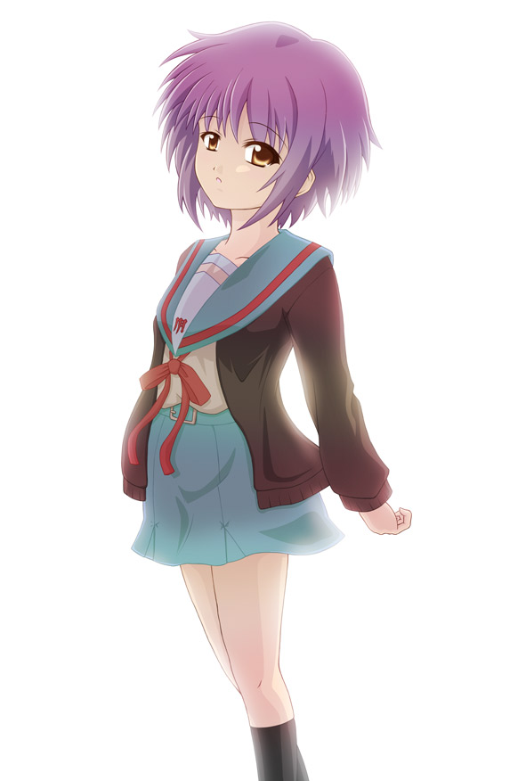 hiqu, nagato yuki, suzumiya haruhi no shoushitsu, suzumiya haruhi no yuuutsu, 10s, brown eyes, cardigan, purple hair, school uniform, serafuku, short hair, solo