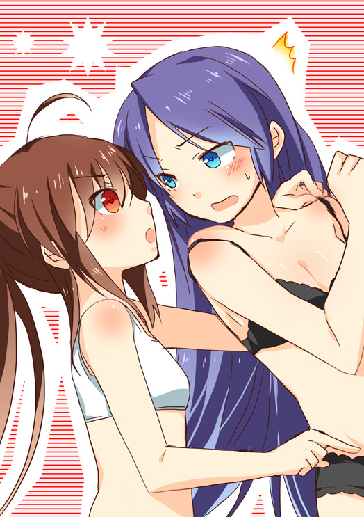 touon, natsume rin, sasasegawa sasami, little busters!, 2girls, blue eyes, bra, brown hair, dutch angle, lingerie, matching underwear, multiple girls, panties, ponytail, purple hair, red eyes, sports bra, underwear, underwear only, yuri