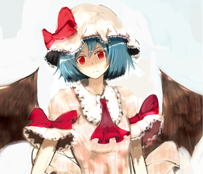 yodori, remilia scarlet, touhou, bad id, bad pixiv id, 1girl, bat wings, blue hair, female focus, hat, red eyes, short hair, solo, upper body, wings