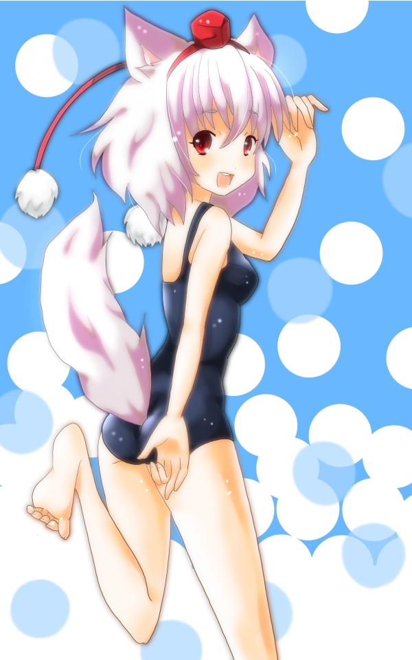 nomutarou, inubashiri momiji, touhou, bad id, bad pixiv id, 1girl, animal ears, ass, barefoot, breasts, female focus, hat, looking back, one-piece swimsuit, red eyes, school swimsuit, short hair, solo, swimsuit, tail, tokin hat, white background, white hair, wolf ears, wolf tail