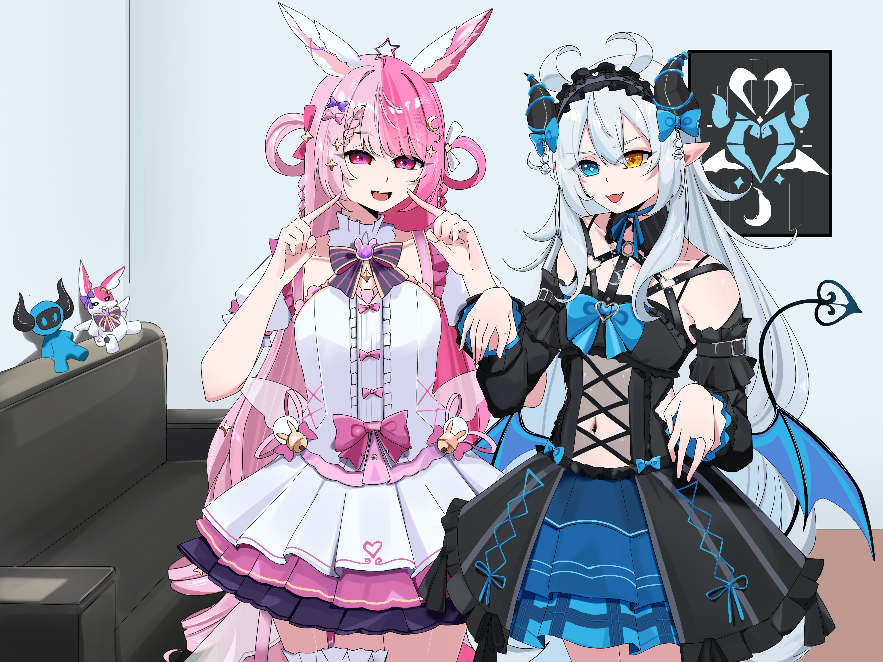akugaki koa, lalabell lullaby, chromashift, commission, highres, 2girls, animal ears, belly, blue eyes, blue hair, bow, couch, demon girl, demon horns, demon tail, hair bow, hair ribbon, heterochromia, horns, indoors, long hair, looking at viewer, multiple girls, navel, open mouth, pink eyes, pink hair, rabbit ears, ribbon, stuffed toy, tail, very long hair, virtual youtuber, yellow eyes