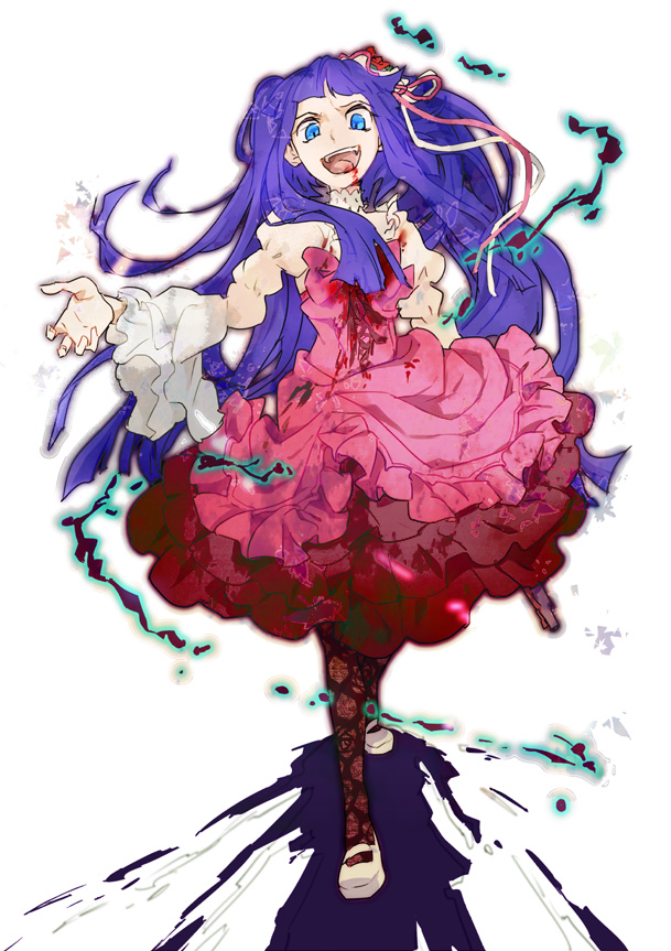 kazune (baumkuchen), furudo erika, dawn of the golden witch, umineko no naku koro ni, 1girl, blood, blue eyes, blue hair, bow, dress, female focus, frills, gun, long hair, matching hair/eyes, pantyhose, pink bow, ribbon, solo, too many, twintails, weapon