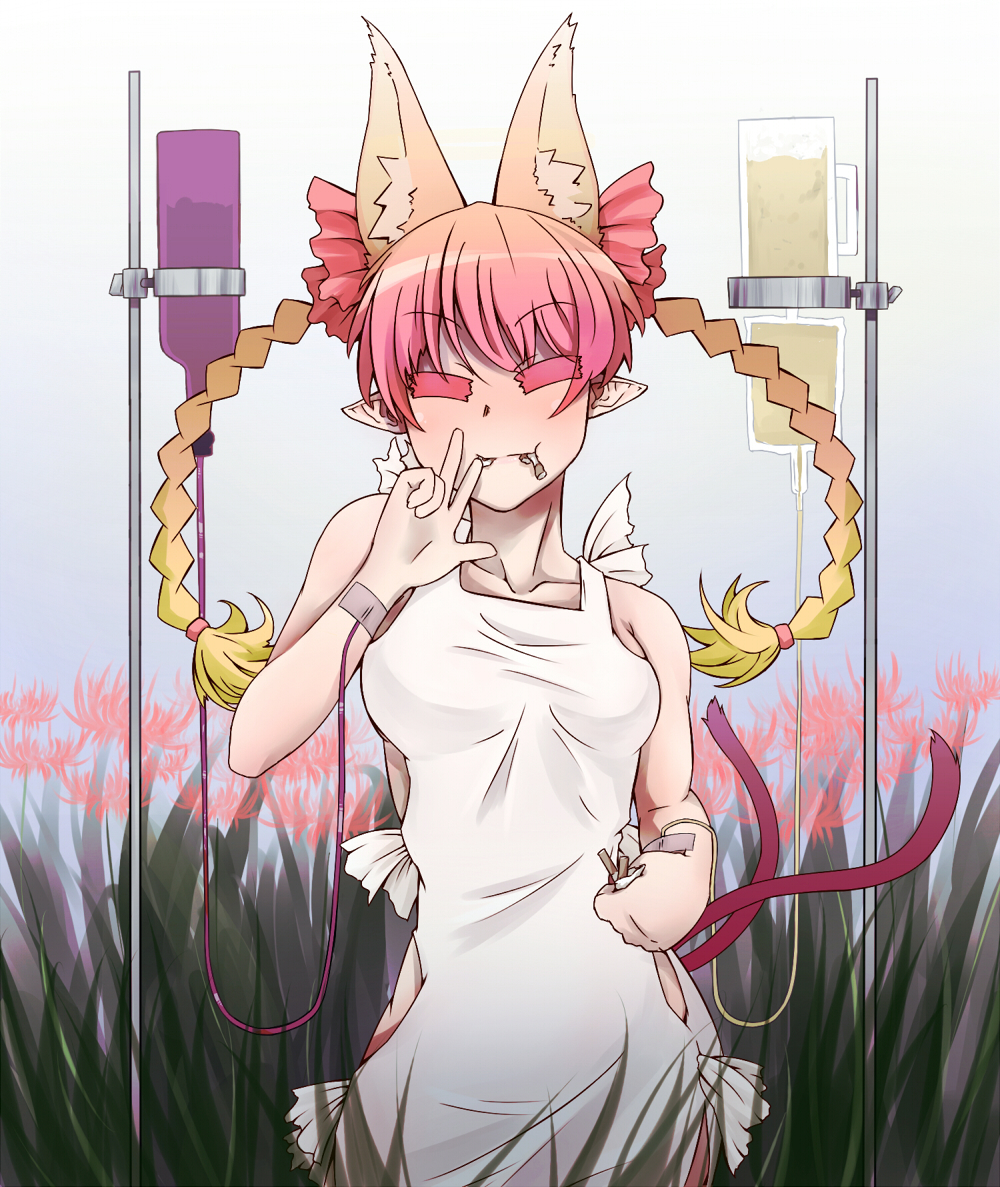 sakurai energy, kaenbyou rin, touhou, bad id, bad pixiv id, 1girl, alcohol, animal ears, apron, beer, braid, cat ears, cat girl, cigarette, closed eyes, cup, extra ears, fang, female focus, flower, long hair, mug, naked apron, pointy ears, red flower, red hair, solo, spider lily, twin braids, twintails, wine