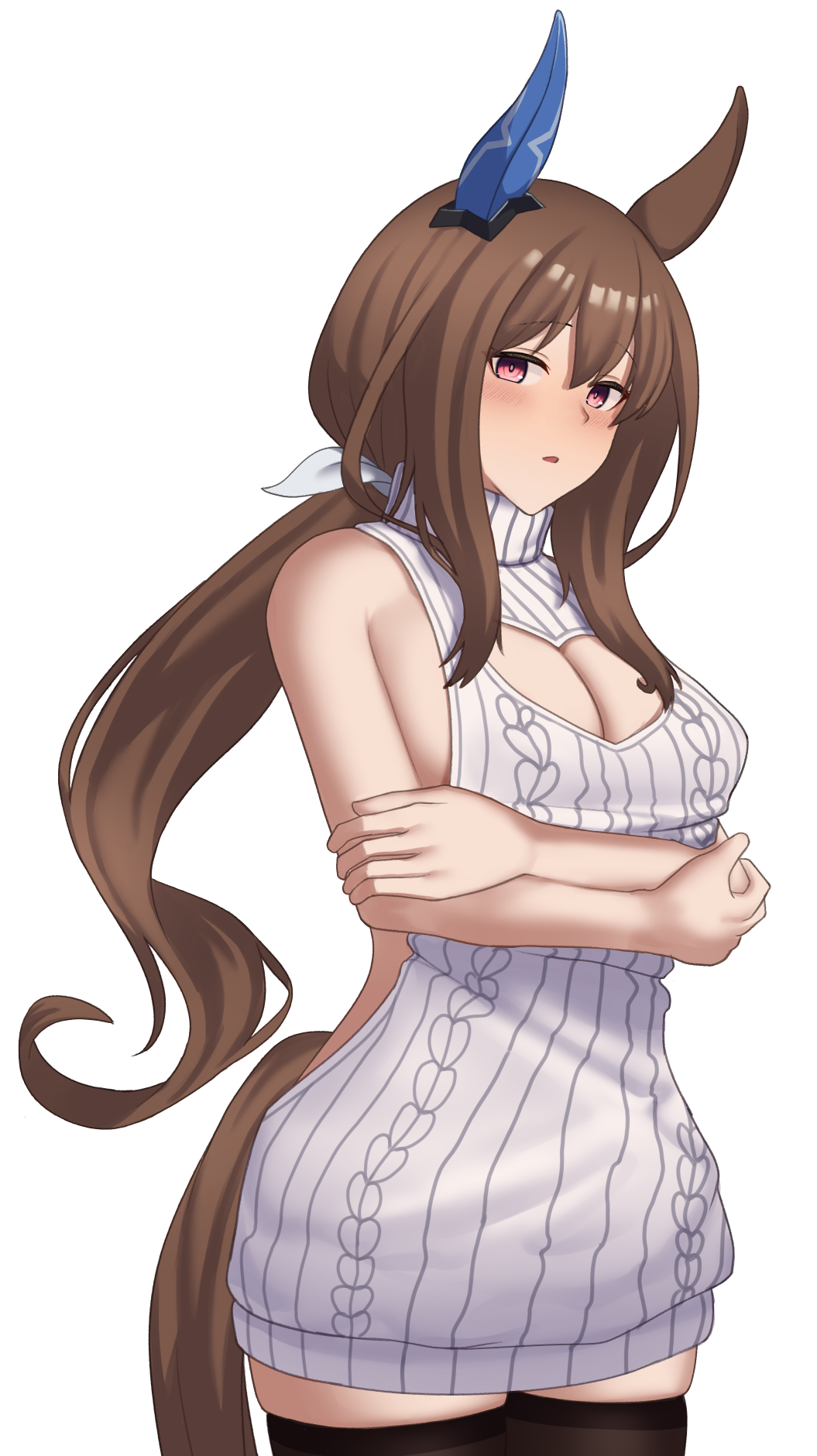 bakkasu150, admire vega (umamusume), umamusume, commentary request, highres, 1girl, animal ears, arms under breasts, black thighhighs, blush, breasts, brown hair, clothing cutout, cowboy shot, ear covers, grey sweater, heart cutout, horse ears, horse girl, horse tail, large breasts, long hair, looking at viewer, low ponytail, ponytail, red eyes, ribbed sweater, sideless outfit, sideless sweater, simple background, single ear cover, skindentation, sleeveless, sleeveless sweater, solo, sweater, tail, thighhighs, thighs, turtleneck, turtleneck sweater, virgin killer sweater, white background