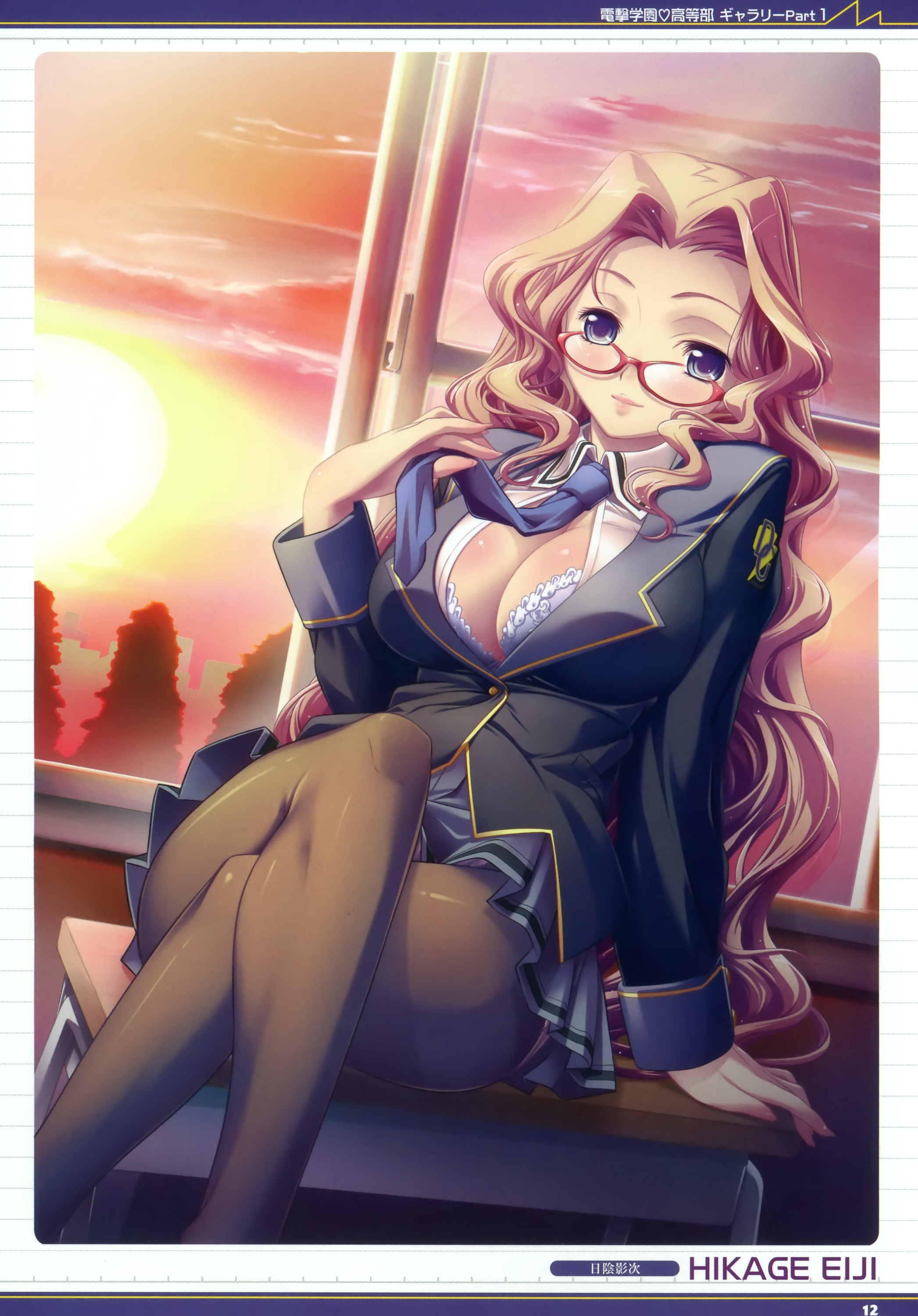 hikage eiji, absurdres, highres, scan, 1girl, blonde hair, bra, breasts, cleavage, crossed legs, desk, female focus, glasses, large breasts, lingerie, long hair, necktie, pantyhose, sitting, skirt, solo, sun, sunset, underwear