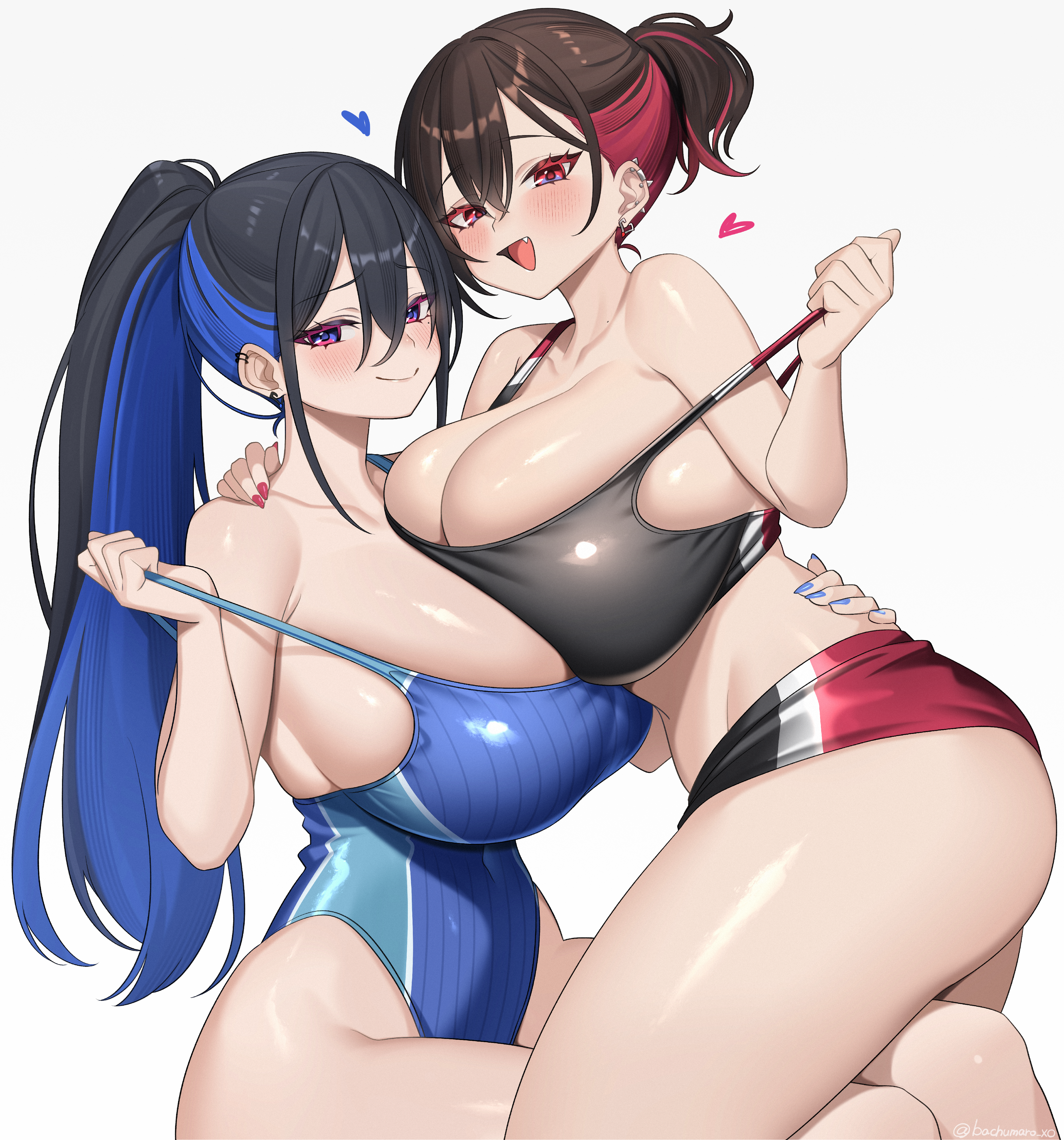 bachumaro xo, original, absurdres, commentary request, highres, 2girls, bare shoulders, black hair, black sports bra, blue eyes, blue hair, blue one-piece swimsuit, breasts, breasts squeezed together, huge breasts, juri-chan (izato), kobeni-chan (bachumaro), long hair, looking at viewer, multicolored hair, multiple girls, one-piece swimsuit, ponytail, red eyes, red hair, red shorts, shiny skin, short shorts, shorts, sports bra, swimsuit
