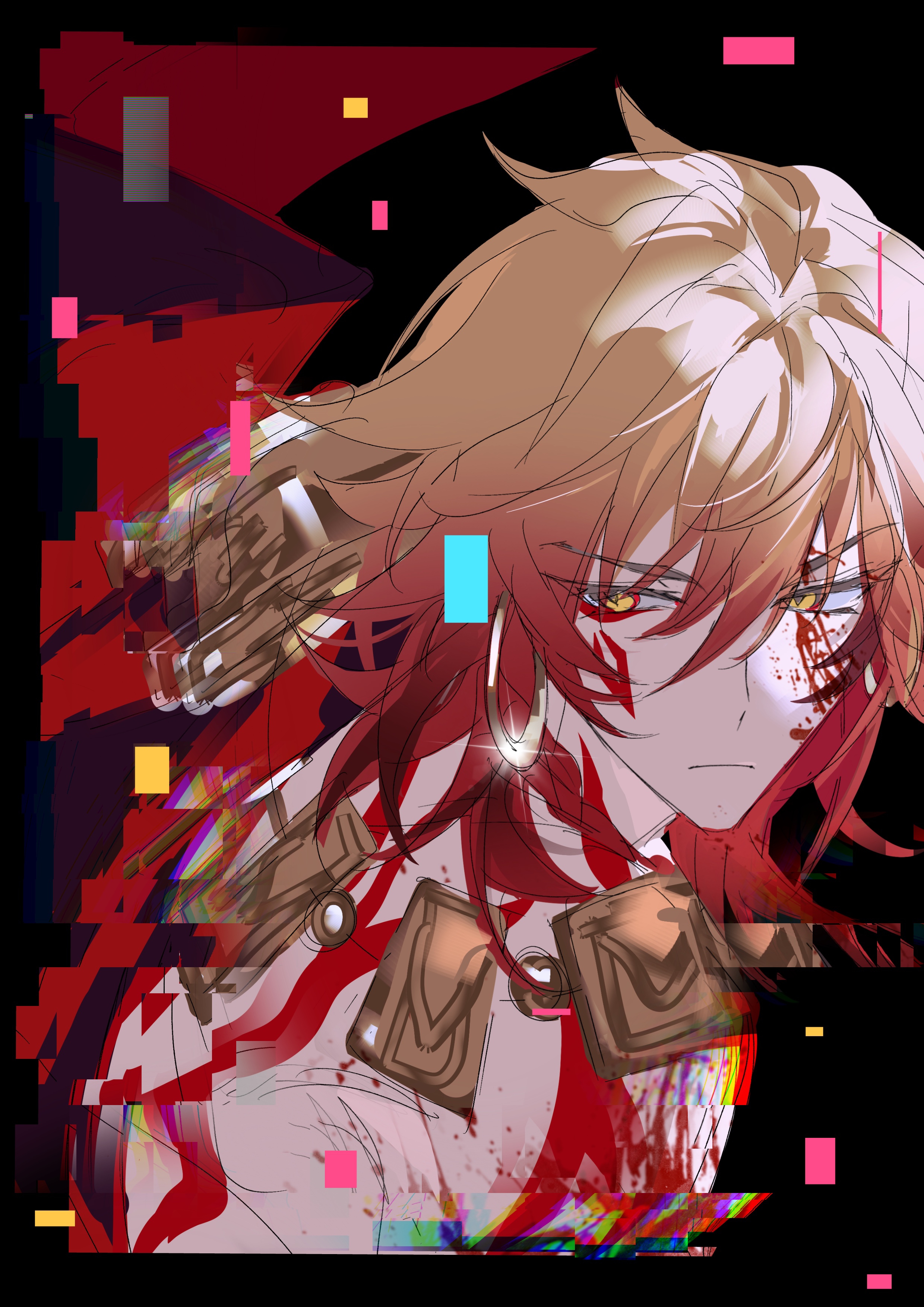 liaoxiaoyan0919, mydei (honkai: star rail), honkai: star rail, honkai (series), absurdres, commentary, highres, unfinished, 1boy, arm tattoo, black coat, blonde hair, blood, blood on face, braid, chest tattoo, coat, earrings, facial tattoo, glitch, gold earrings, gold necklace, gradient hair, jewelry, male focus, medium hair, multicolored hair, necklace, open clothes, open coat, red hair, red tattoo, side braid, solo, tattoo, yellow eyes