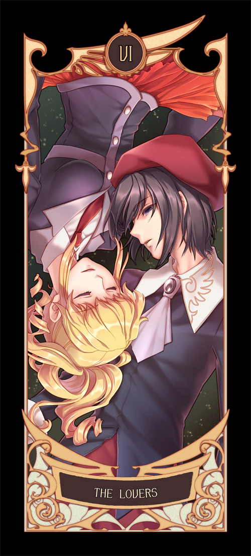 yeruen, kanon (umineko), ushiromiya jessica, umineko no naku koro ni, bad id, bad pixiv id, 1boy, 1girl, art nouveau, beret, black hair, blonde hair, blue eyes, card (medium), couple, hat, hetero, ponytail, skirt, tarot, tarot (medium), the lovers (tarot)