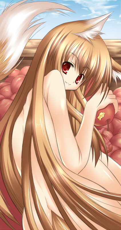 nozomi tsubame, holo, spice and wolf, animal ears, apple, brown hair, food, fruit, long hair, looking at viewer, looking back, nude, red eyes, smile, solo, tail, very long hair, wolf ears, wolf tail