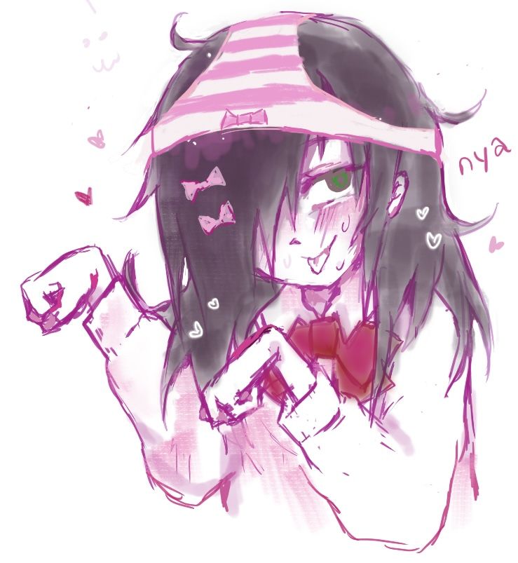 kuroki tomoko, watashi ga motenai no wa dou kangaetemo omaera ga warui!, commentary, english commentary, 1girl, :p, black hair, blush, bow, bow panties, bowtie, eyebrows hidden by hair, green eyes, hair bow, hair over one eye, heart, inuyth, long sleeves, medium hair, messy hair, multiple hair bows, object on head, one eye covered, panties, panties on head, paw pose, pink panties, red bow, red bowtie, romaji text, simple background, solo, striped clothes, striped panties, sweat, tongue, tongue out, underwear, upper body, white background