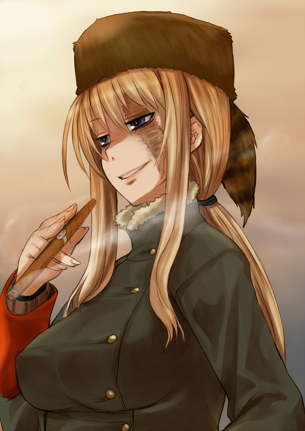 nabeyu, balalaika (black lagoon), tanya (darker than black), tanya akulova, black lagoon, darker than black, highres, 1girl, blonde hair, blue eyes, breasts, cigar, coon hat, female focus, fur hat, grin, hat, jacket, large breasts, parody, ponytail, scar, smile, smoking, solo