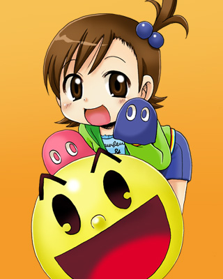 kotobuki maimu, futami mami, inky (pac-man), pac-man, pinky (pac-man), idolmaster, idolmaster (classic), namco, pac-man (game), lowres, 1girl, :d, company connection, crossover, female focus, ghost, hand puppet, leaning forward, open mouth, puppet, side ponytail, smile, solo